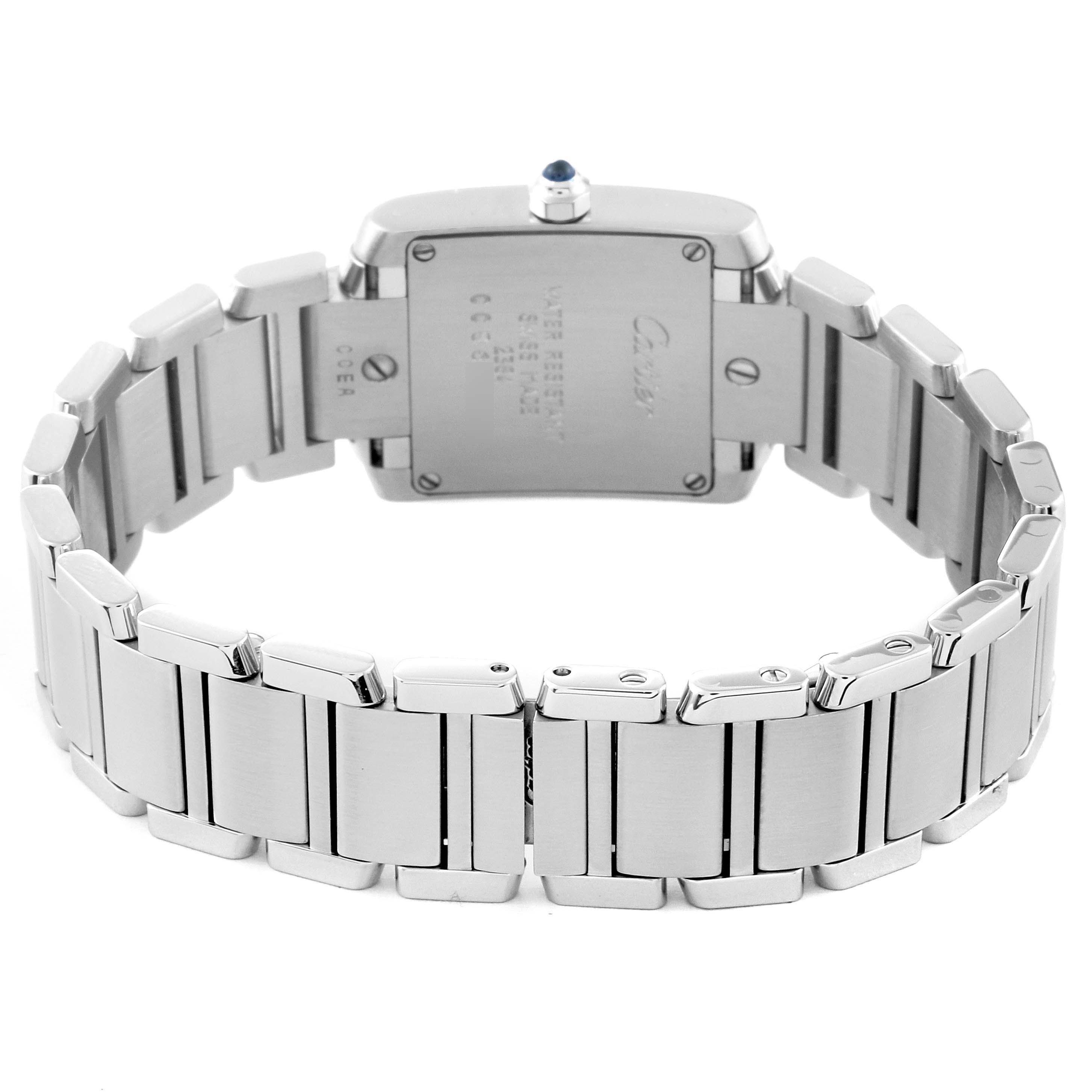 This image shows the back and bracelet of a Cartier Tank Francaise W51008Q3 Women's Stainless Steel Silver Dial W51008Q3 Women's Stainless Steel Silver Dial watch from a rear angle.