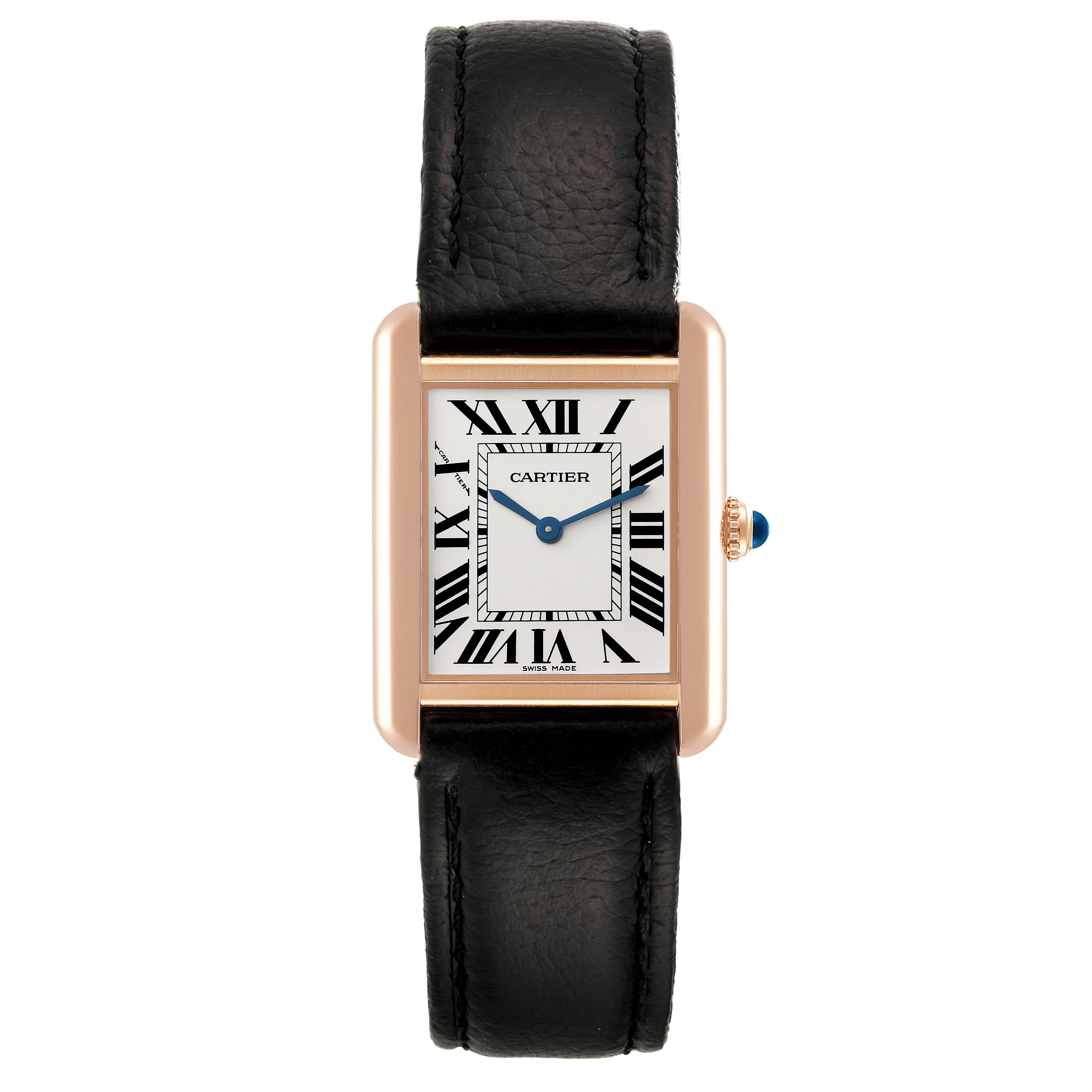 The Cartier Tank Solo W5200024 Women's Steel and Gold (two tone) Silver Dial W5200024 Women's Steel and Gold (two tone) Silver Dial watch is shown from the front, displaying the dial, hands, case, and leather strap.