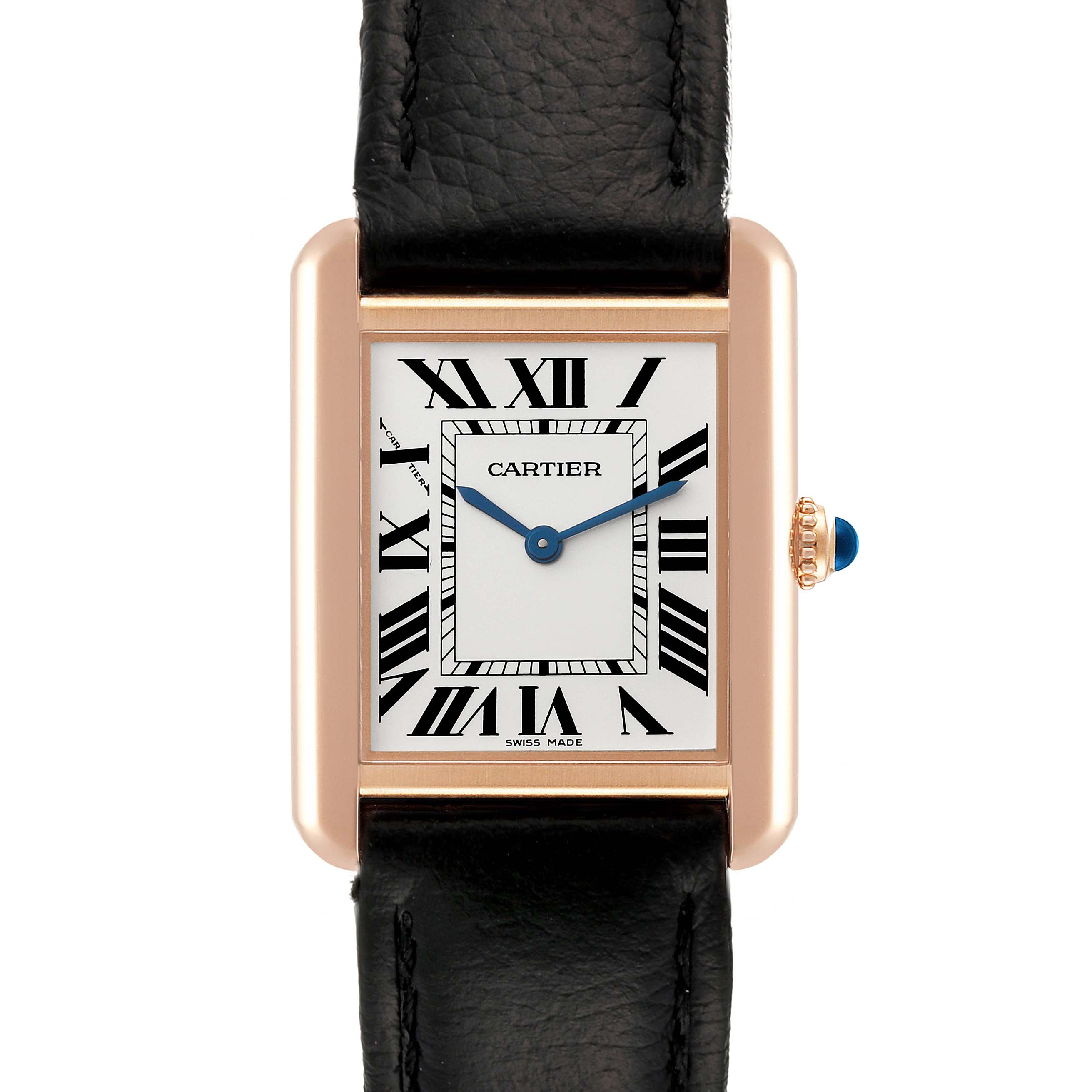 The image shows a front view of the Cartier Tank Solo W5200024 Women's Steel and Gold (two tone) Silver Dial W5200024 Women's Steel and Gold (two tone) Silver Dial watch, highlighting its dial, hands, Roman numerals, and leather strap.