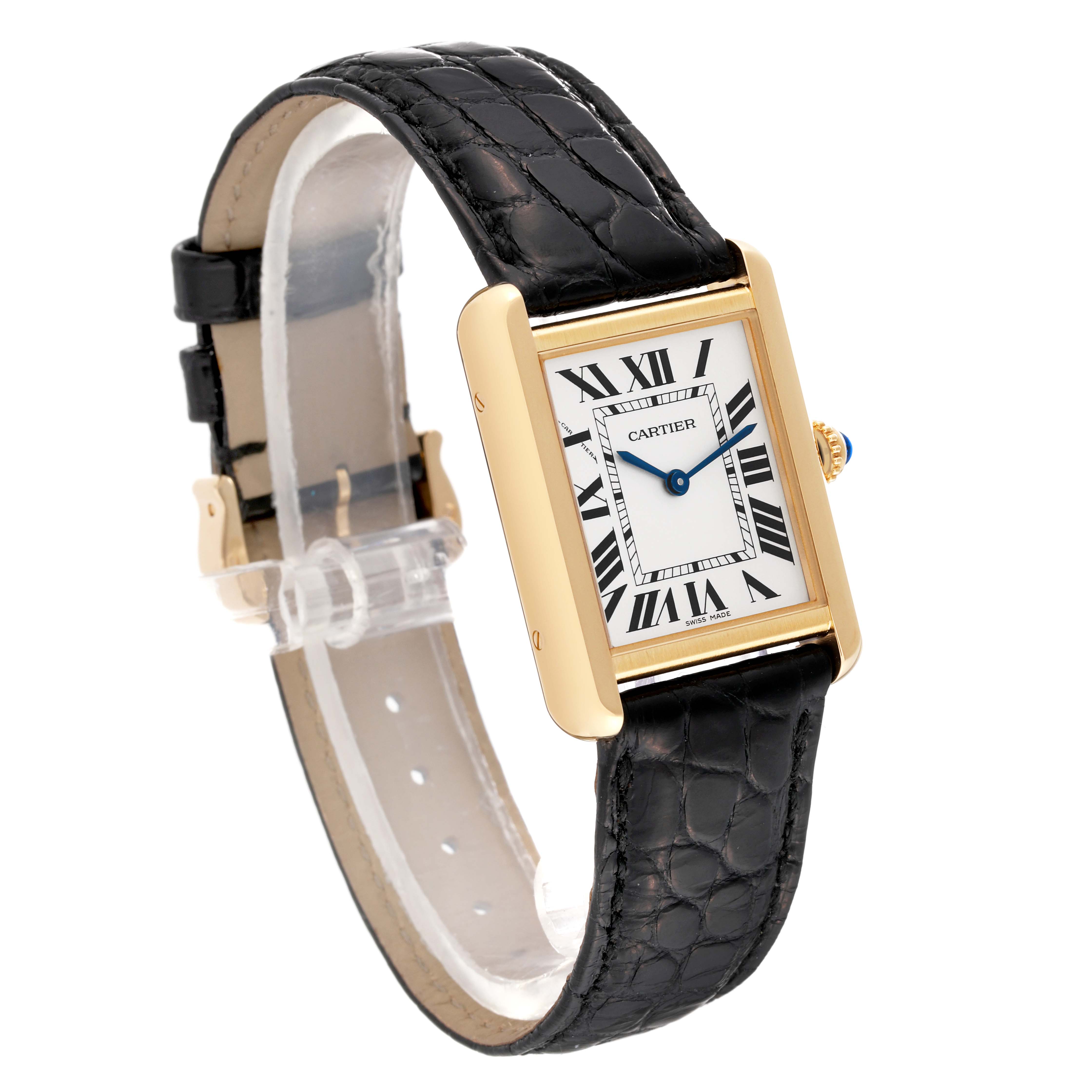 The Cartier Tank Solo W1018755 Women
s Steel and Gold (two tone) Silver Dial W1018755 Women
s Steel and Gold (two tone) Silver Dial watch is shown at a three-quarter angle, featuring its rectangular dial, Roman numerals, and black leather strap.
