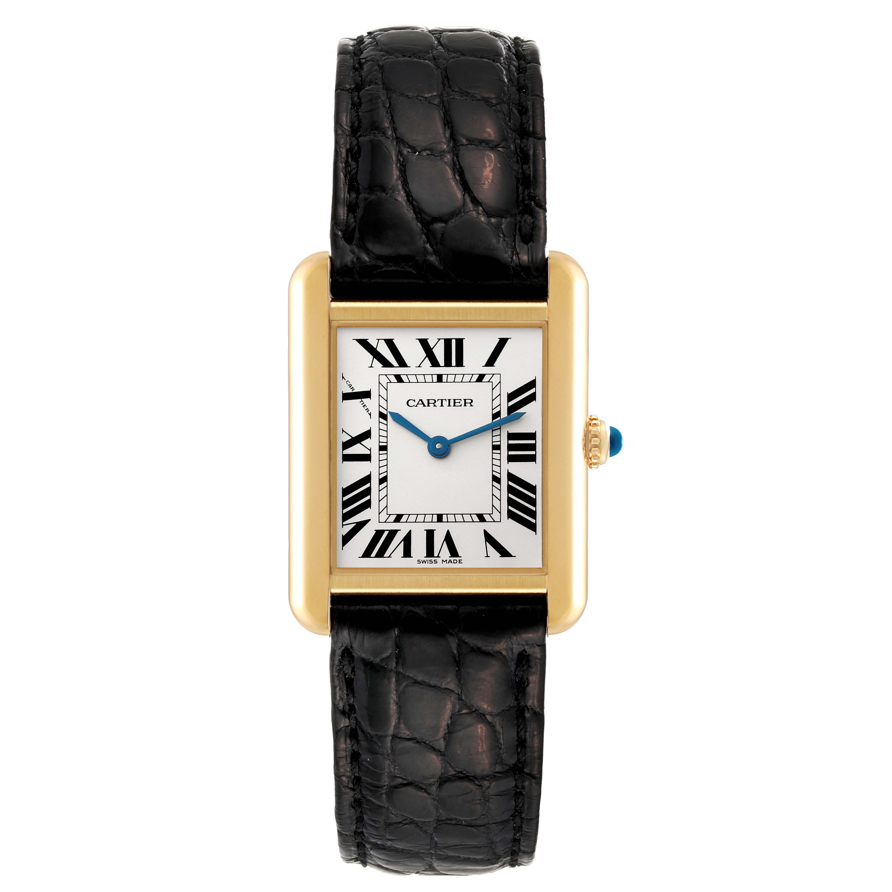 The image shows a frontal view of the Cartier Tank Solo W1018755 Women
s Steel and Gold (two tone) Silver Dial W1018755 Women
s Steel and Gold (two tone) Silver Dial watch, displaying its rectangular face and black leather strap.