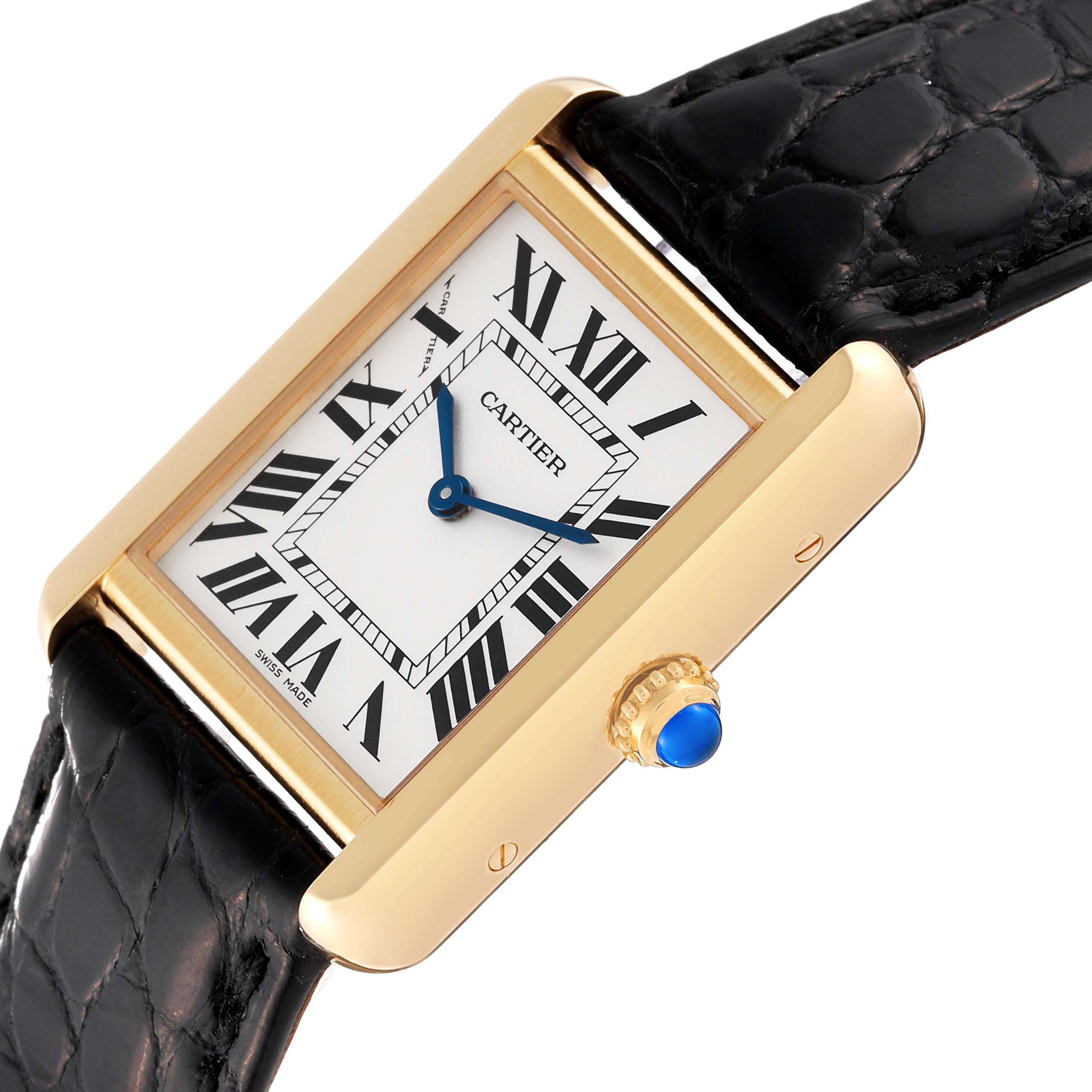 The Tank Solo model by Cartier is shown at an angled view, displaying its rectangular face, Roman numerals, blue hands, and black leather strap.