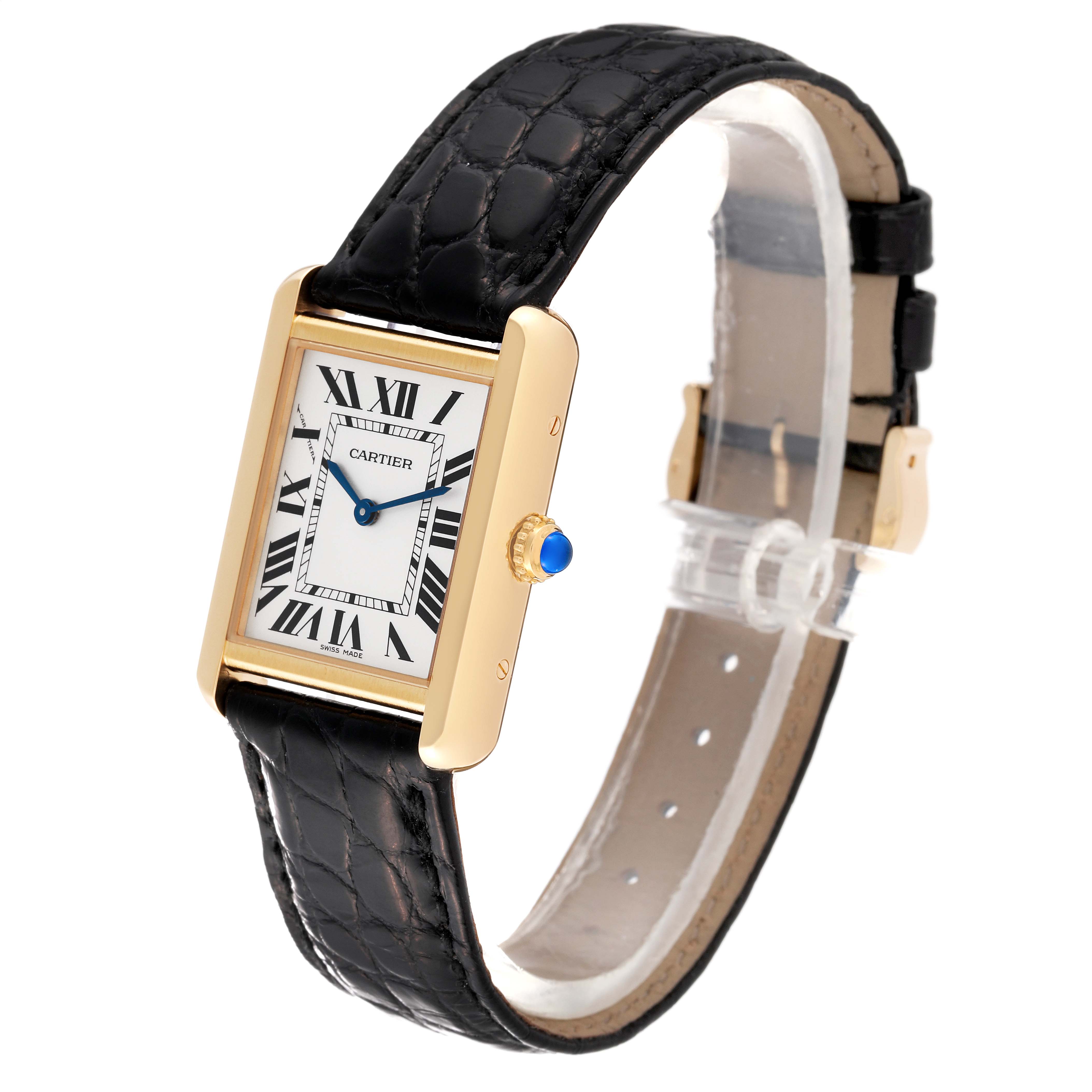 The image shows a Cartier Tank Solo W1018755 Women
s Steel and Gold (two tone) Silver Dial W1018755 Women
s Steel and Gold (two tone) Silver Dial watch at an angle highlighting the face, bezel, crown, and strap.