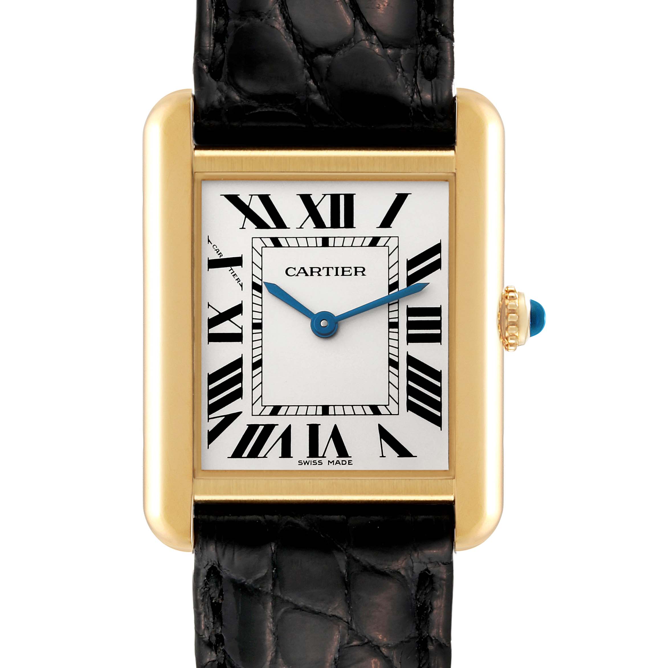 This image shows a front view of the Cartier Tank Solo W1018755 Women
s Steel and Gold (two tone) Silver Dial W1018755 Women
s Steel and Gold (two tone) Silver Dial watch face and part of the black leather strap.
