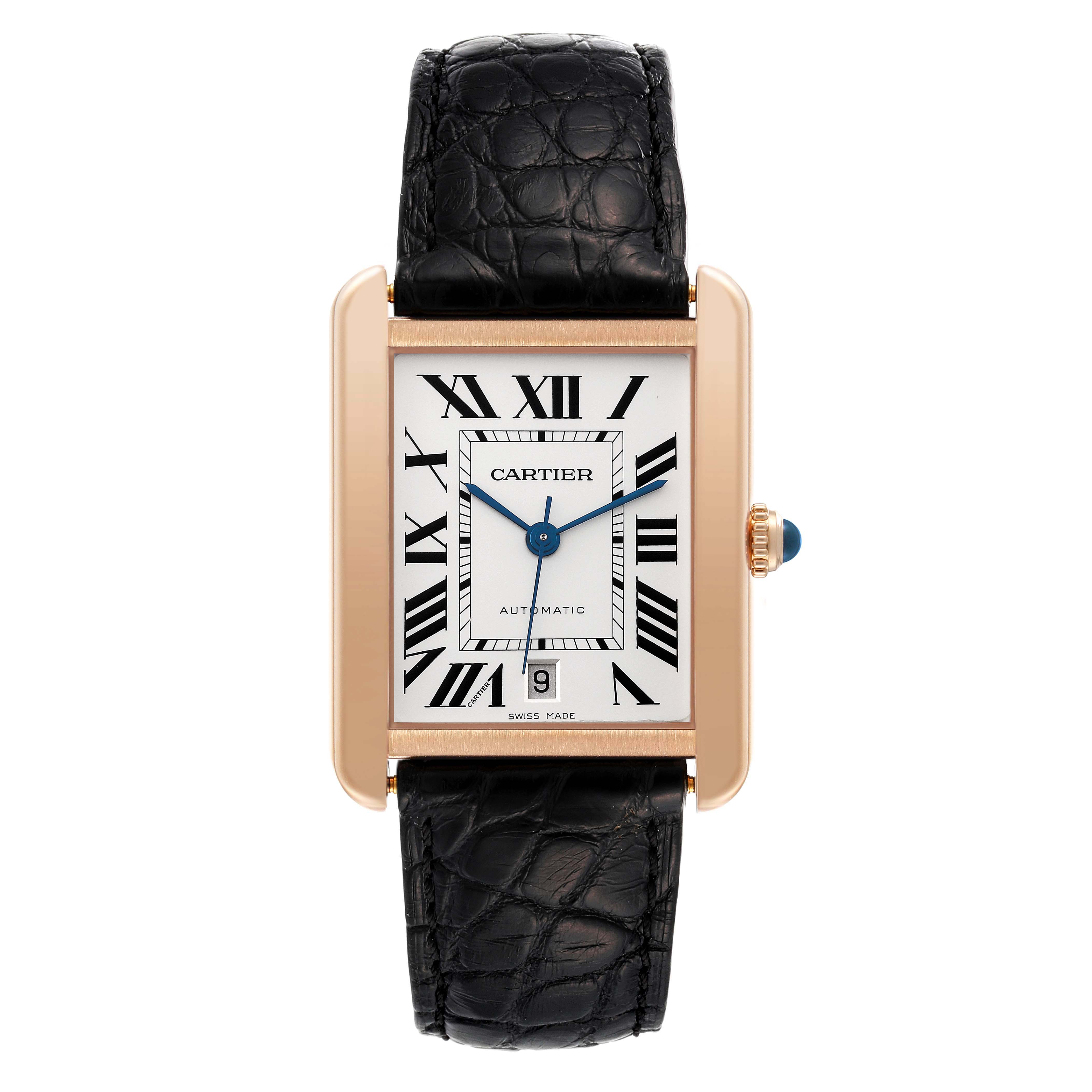 The image shows a frontal view of a Cartier Tank Solo W5200026 Men
s Rose Gold Silver Dial W5200026 Men
s Rose Gold Silver Dial watch, highlighting the face, black strap, and crown.