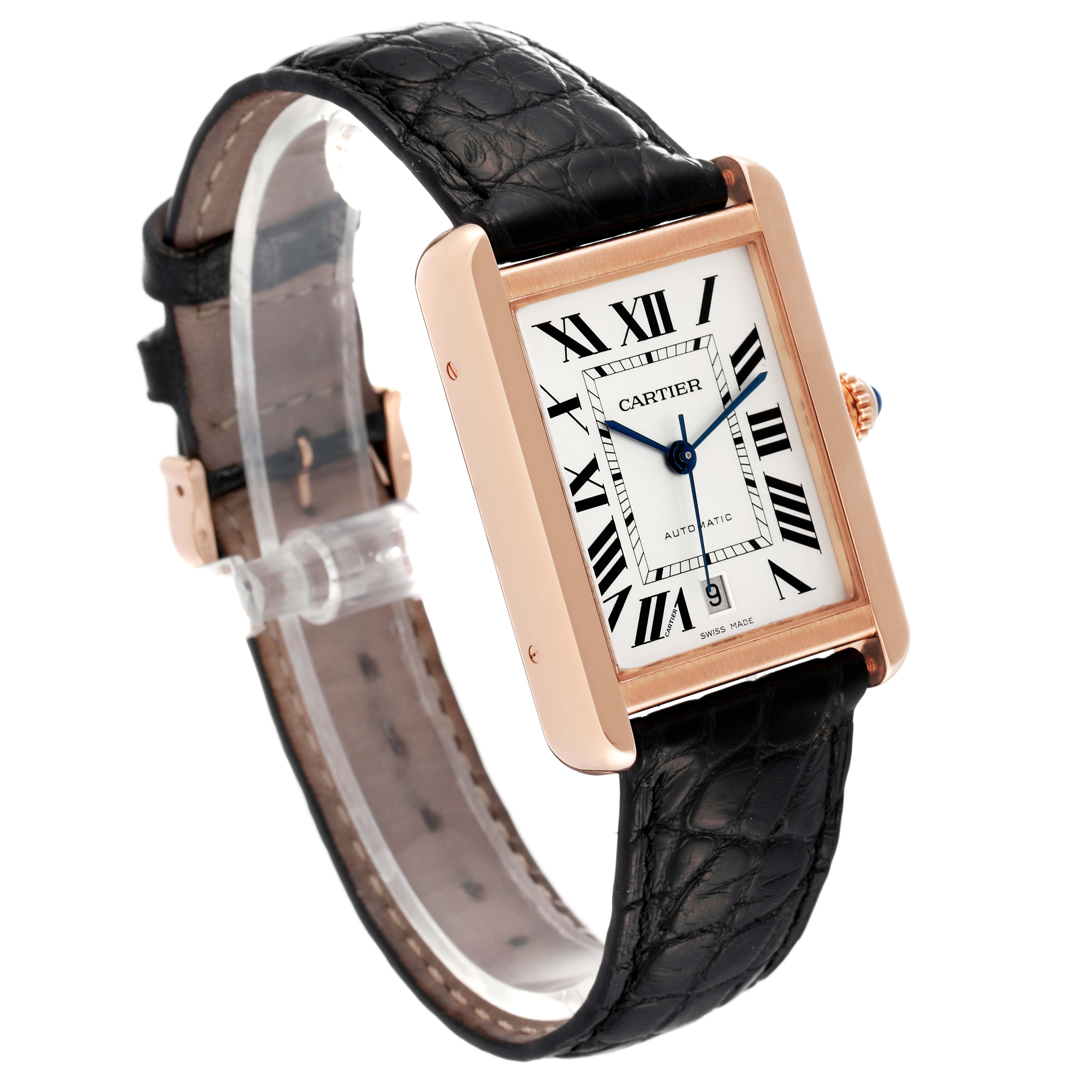 The Cartier Tank Solo W5200026 Men
s Rose Gold Silver Dial W5200026 Men
s Rose Gold Silver Dial watch is shown at a slight angle, displaying the face, crown, and leather strap. 