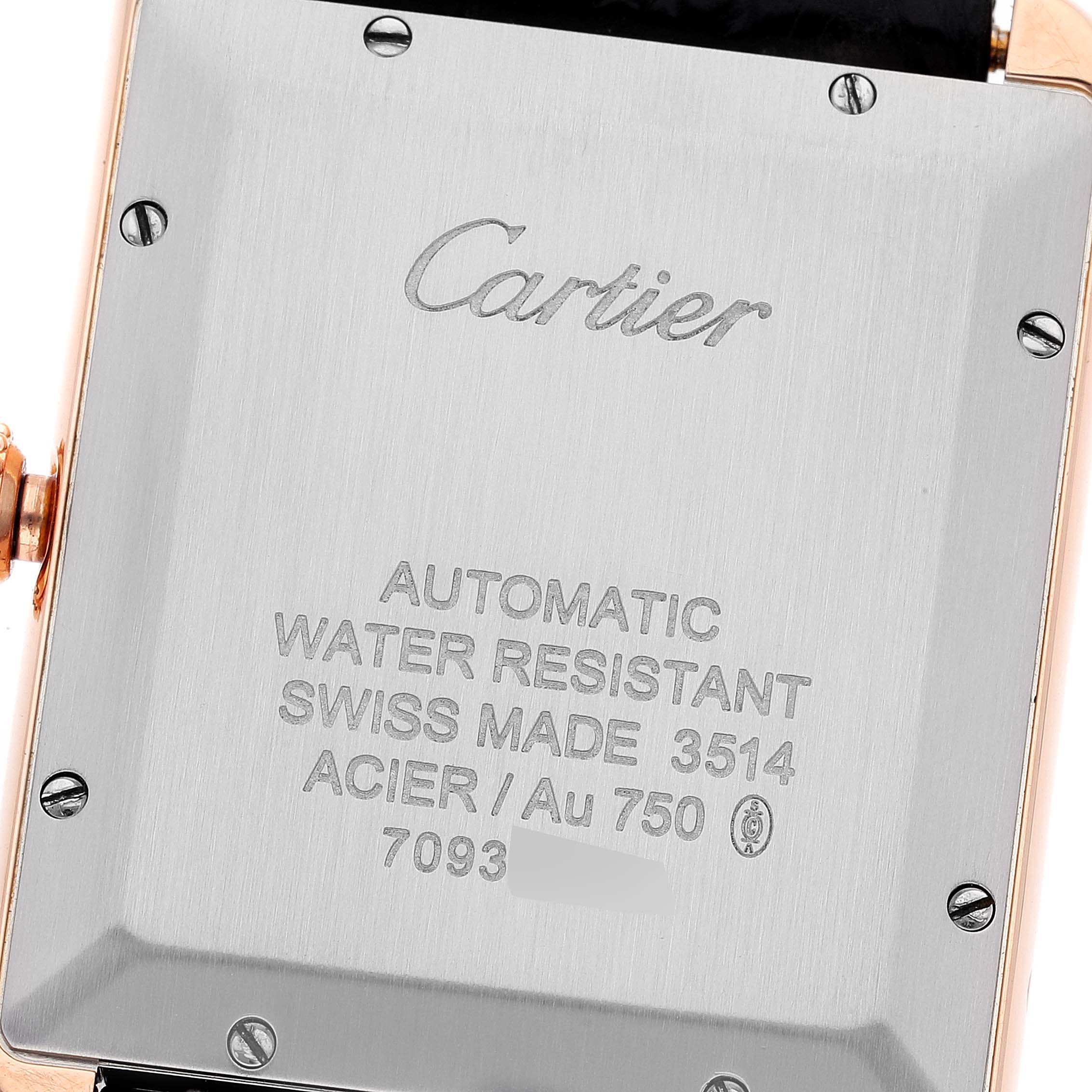 The image shows the back case of a Cartier Tank Solo W5200026 Men
s Rose Gold Silver Dial W5200026 Men
s Rose Gold Silver Dial watch, highlighting its brand, model, and specifications.