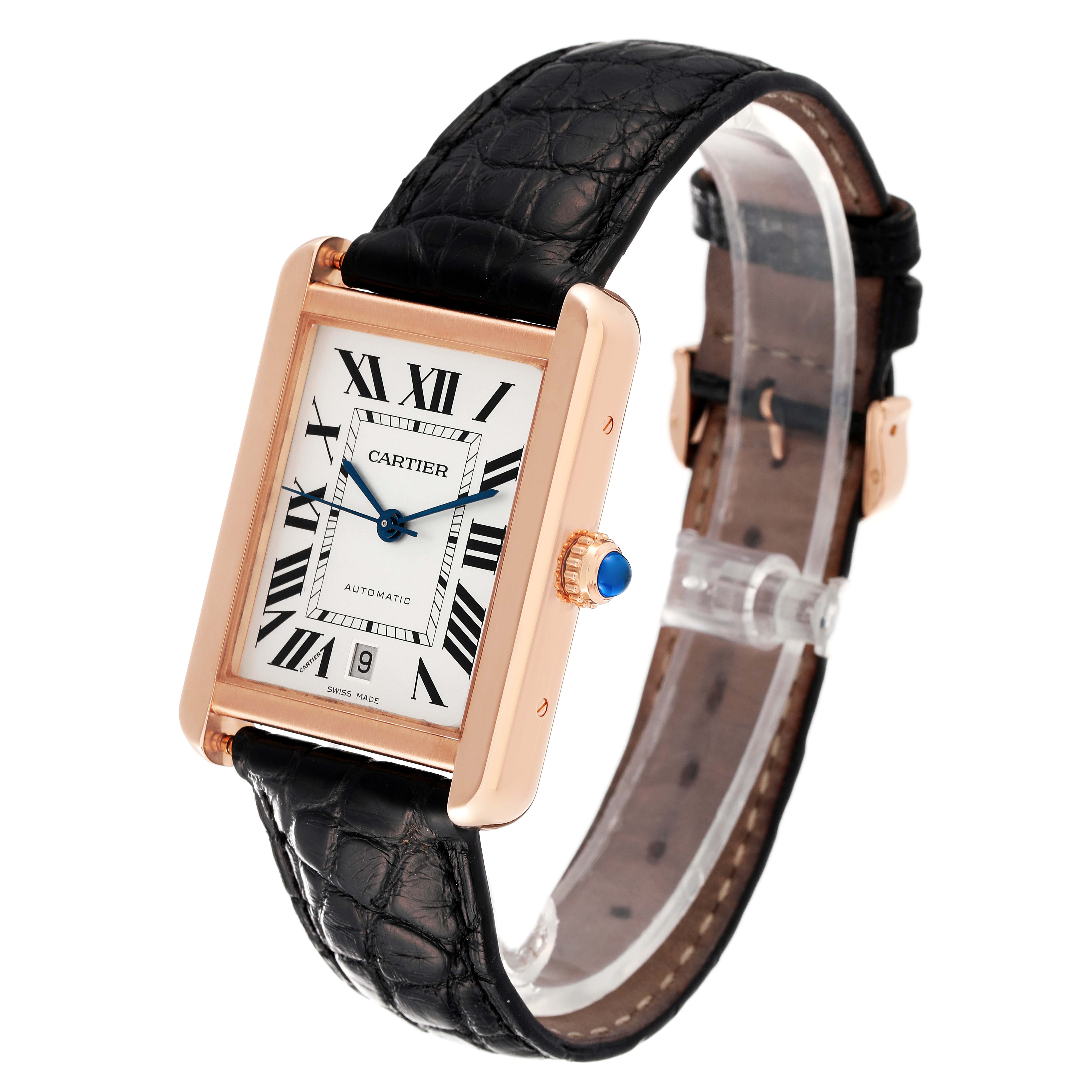 The Cartier Tank Solo W5200026 Men
s Rose Gold Silver Dial W5200026 Men
s Rose Gold Silver Dial watch is shown at a three-quarter angle, displaying its rectangular case, black leather strap, and crown.