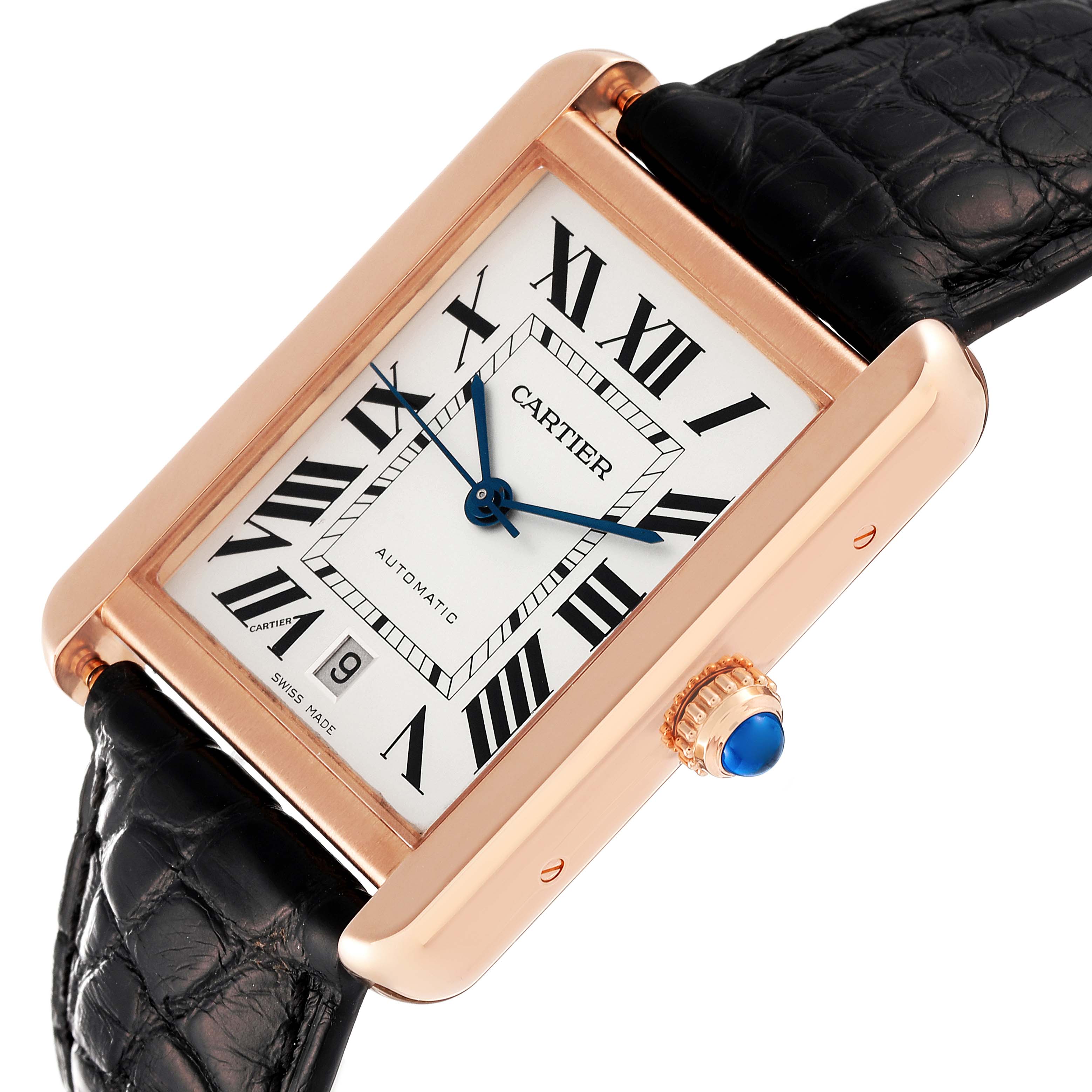 The image shows a Cartier Tank Solo W5200026 Men
s Rose Gold Silver Dial W5200026 Men
s Rose Gold Silver Dial watch at an angle, highlighting the face, Roman numeral markers, case, crown, and black leather strap.
