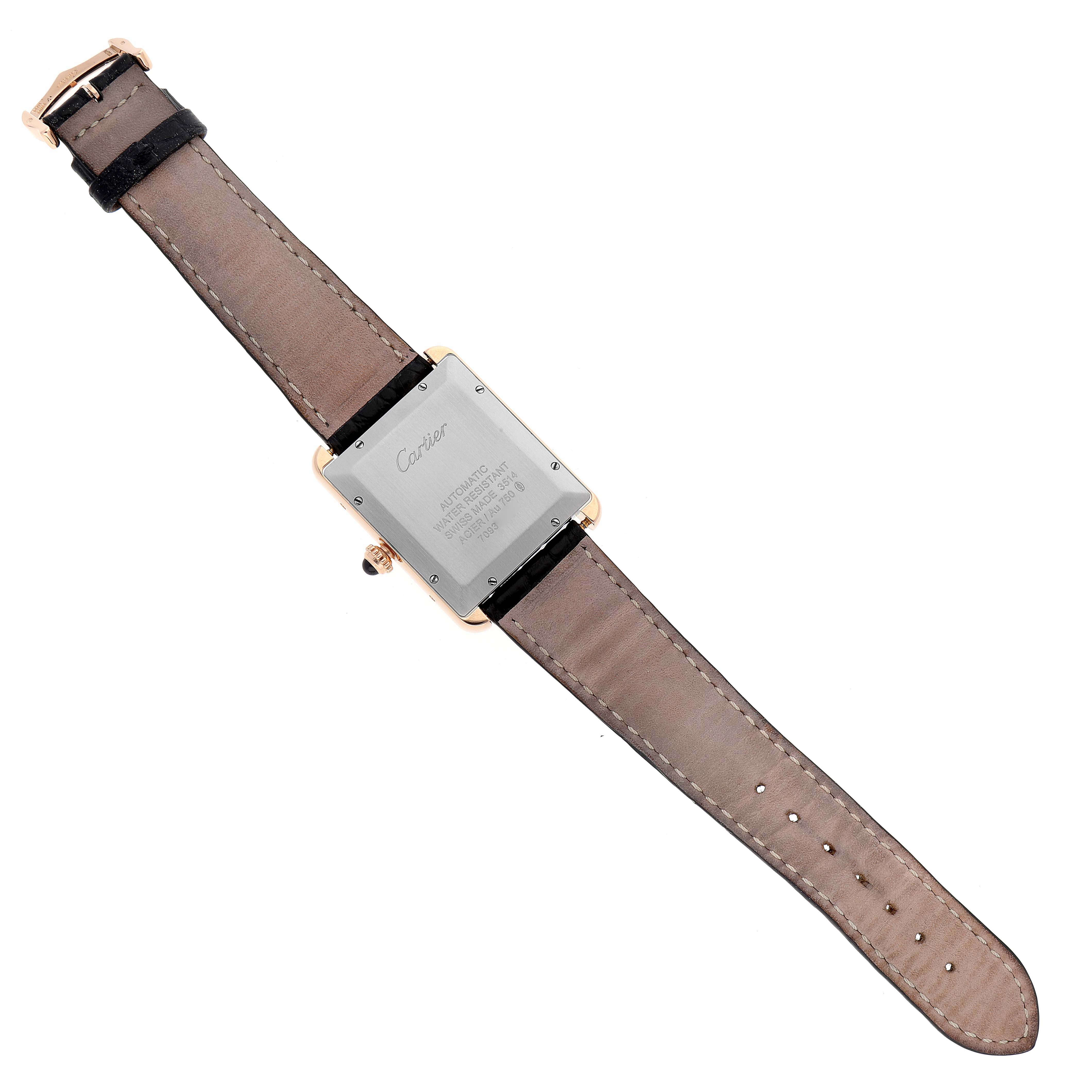 The image shows the back view of a Cartier Tank Solo W5200026 Men
s Rose Gold Silver Dial W5200026 Men
s Rose Gold Silver Dial watch, highlighting the case back and leather strap.