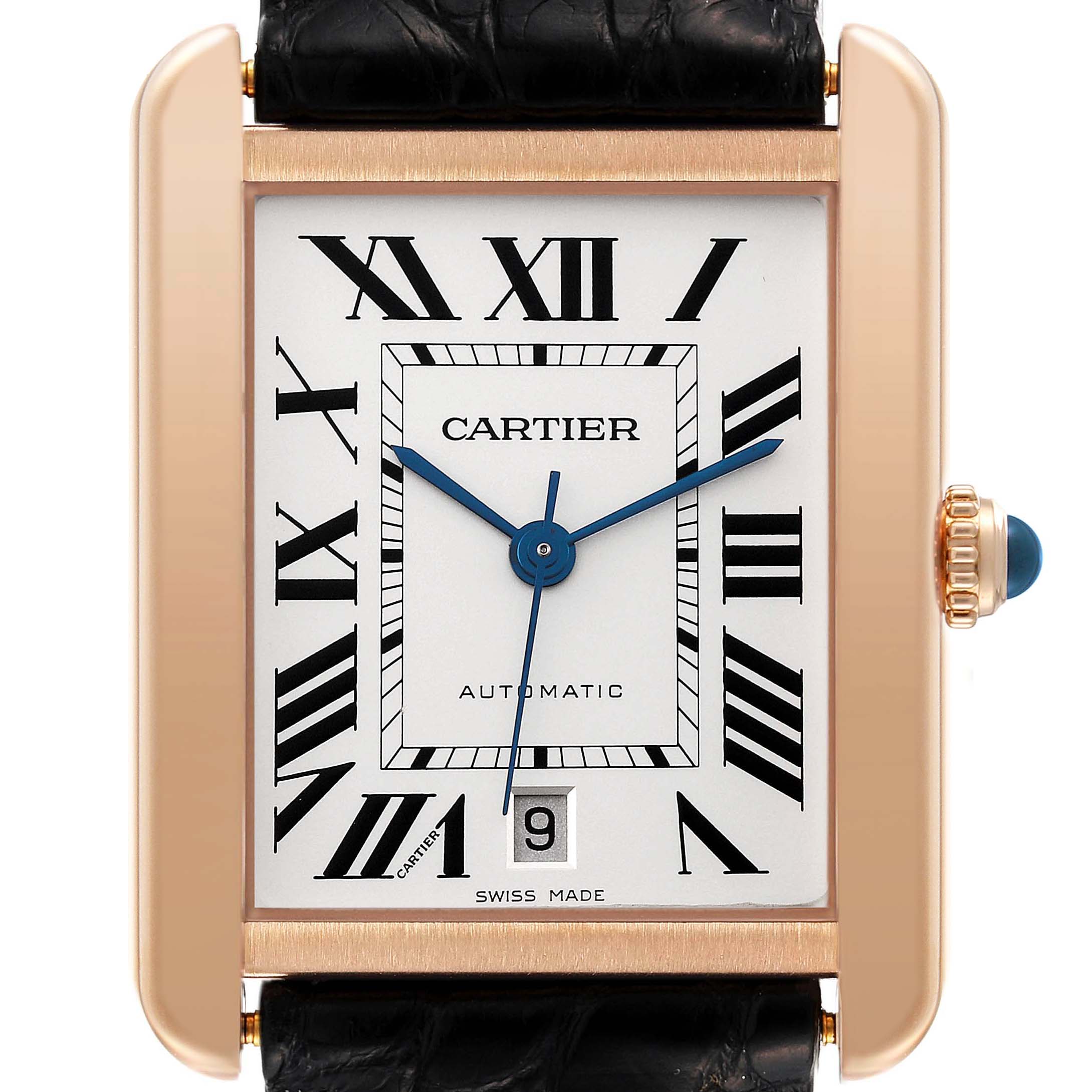 The image shows a frontal view of the Cartier Tank Solo W5200026 Men
s Rose Gold Silver Dial W5200026 Men
s Rose Gold Silver Dial watch, highlighting its face, Roman numerals, blue hands, and black leather strap.