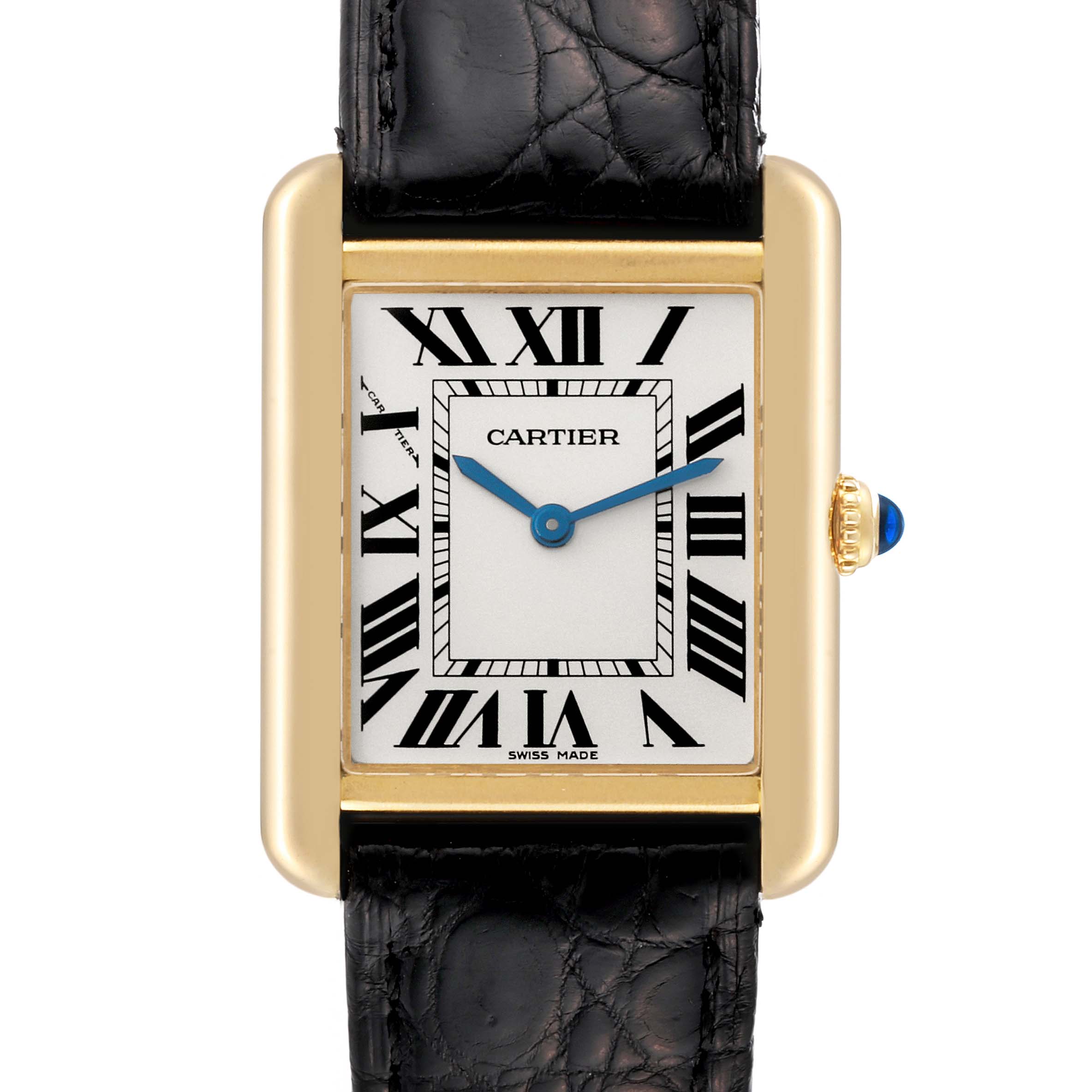 The image shows a front view of a Cartier Tank Solo W5200002 Women
s Steel and Gold (two tone) Silver Dial W5200002 Women
s Steel and Gold (two tone) Silver Dial watch with a gold case, Roman numeral dial, and a black leather strap.