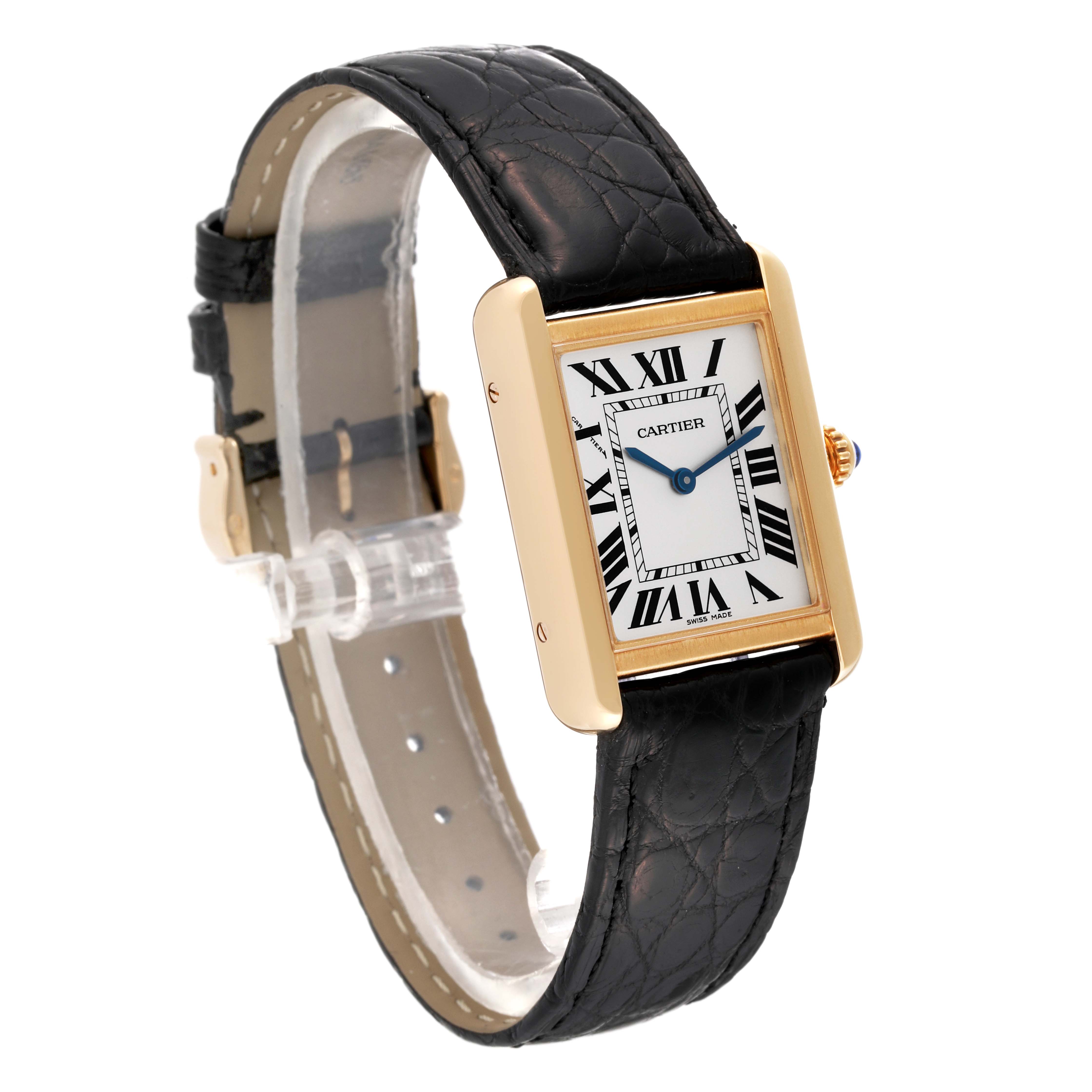The image shows a side angle of a Cartier Tank Solo W5200002 Women
s Steel and Gold (two tone) Silver Dial W5200002 Women
s Steel and Gold (two tone) Silver Dial watch with a black leather strap and gold case.