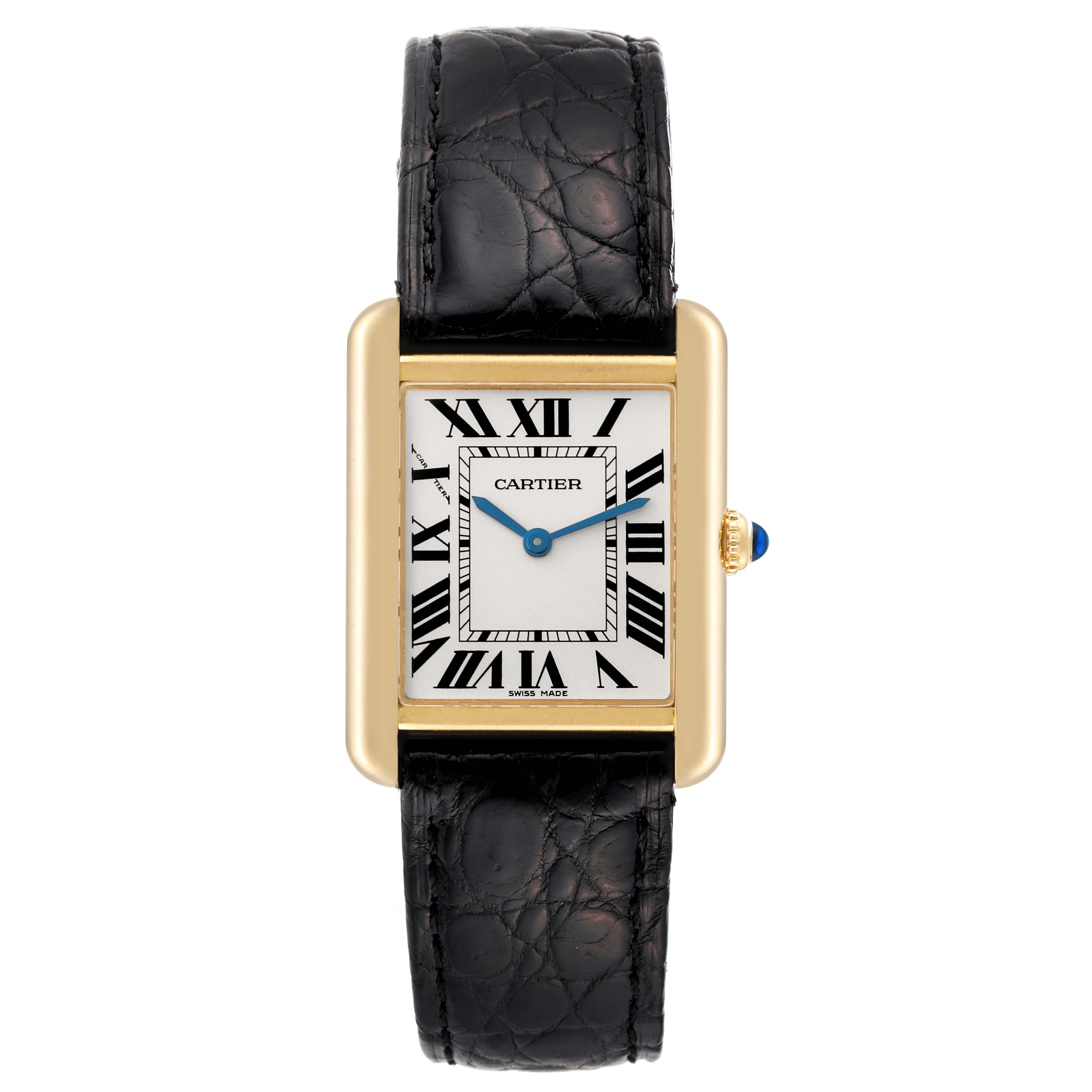 This image shows a frontal view of the Cartier Tank Solo W5200002 Women
s Steel and Gold (two tone) Silver Dial W5200002 Women
s Steel and Gold (two tone) Silver Dial watch, highlighting its face, bezel, and strap.