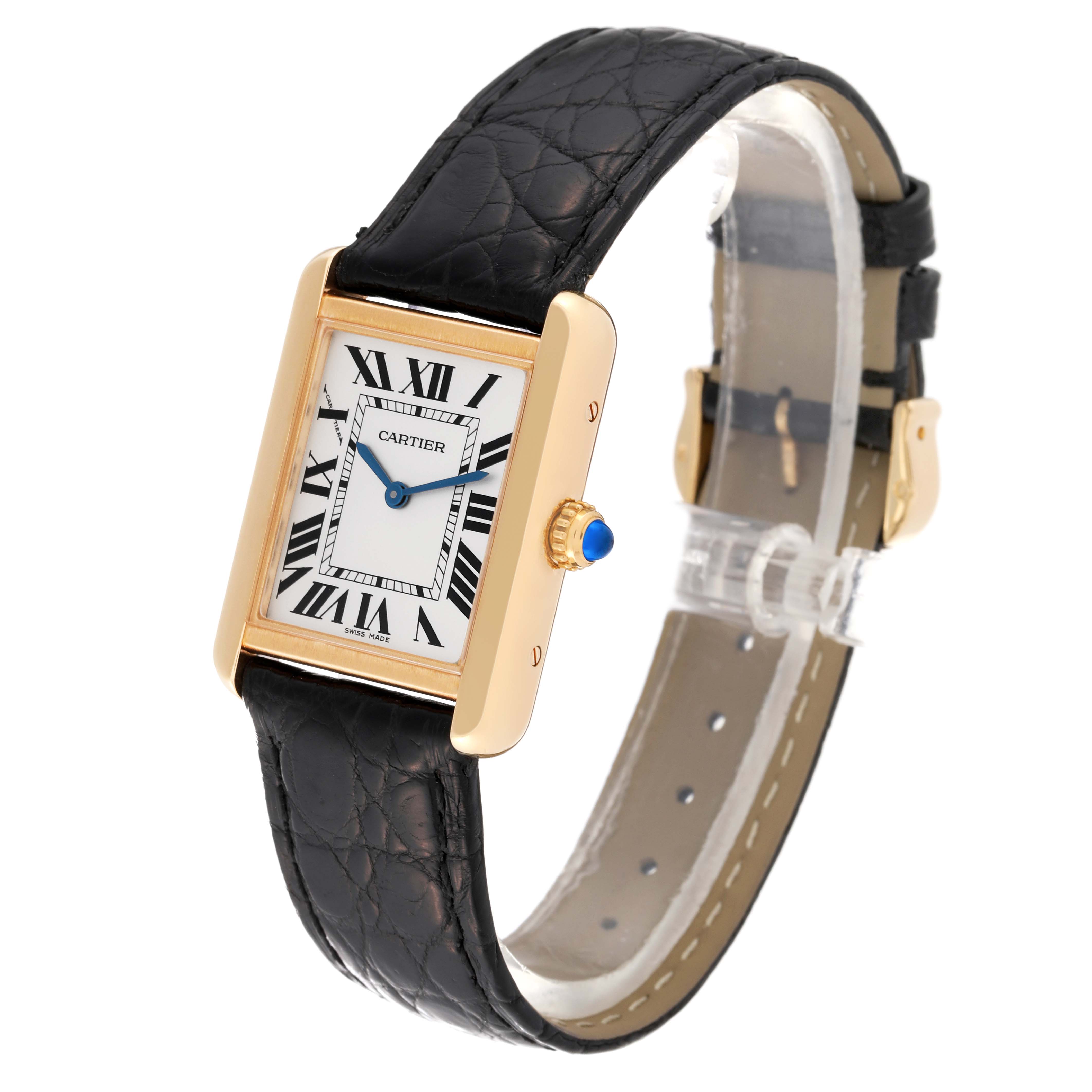 The Cartier Tank Solo W5200002 Women
s Steel and Gold (two tone) Silver Dial W5200002 Women
s Steel and Gold (two tone) Silver Dial watch is shown at a front angle, emphasizing the face, bezel, crown, and leather strap.