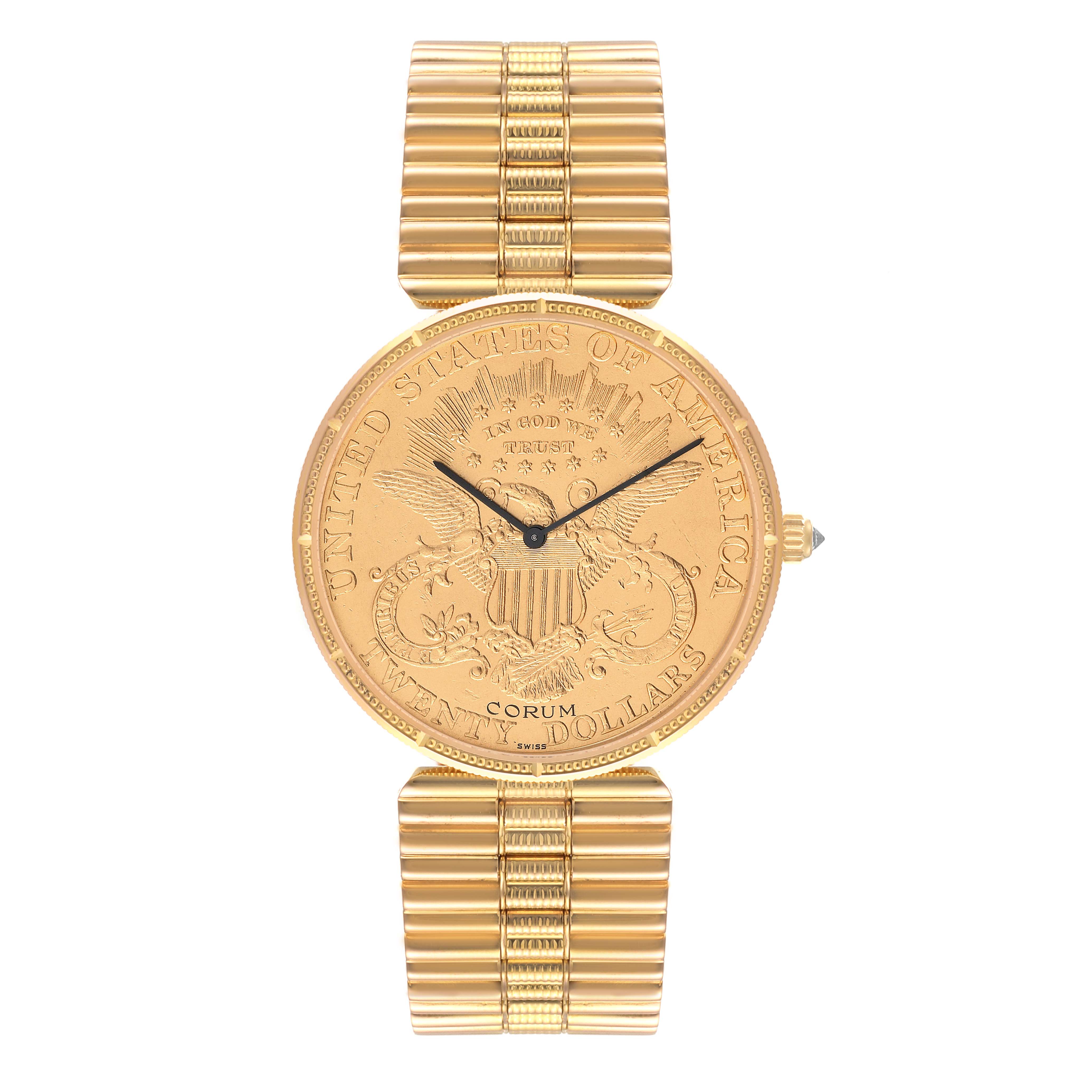 The image shows a Corum Coin Watch 1898 Men's Yellow Gold Champagne Dial 1898 Men's Yellow Gold Champagne Dial model from a top-down angle, displaying its face and gold bracelet.