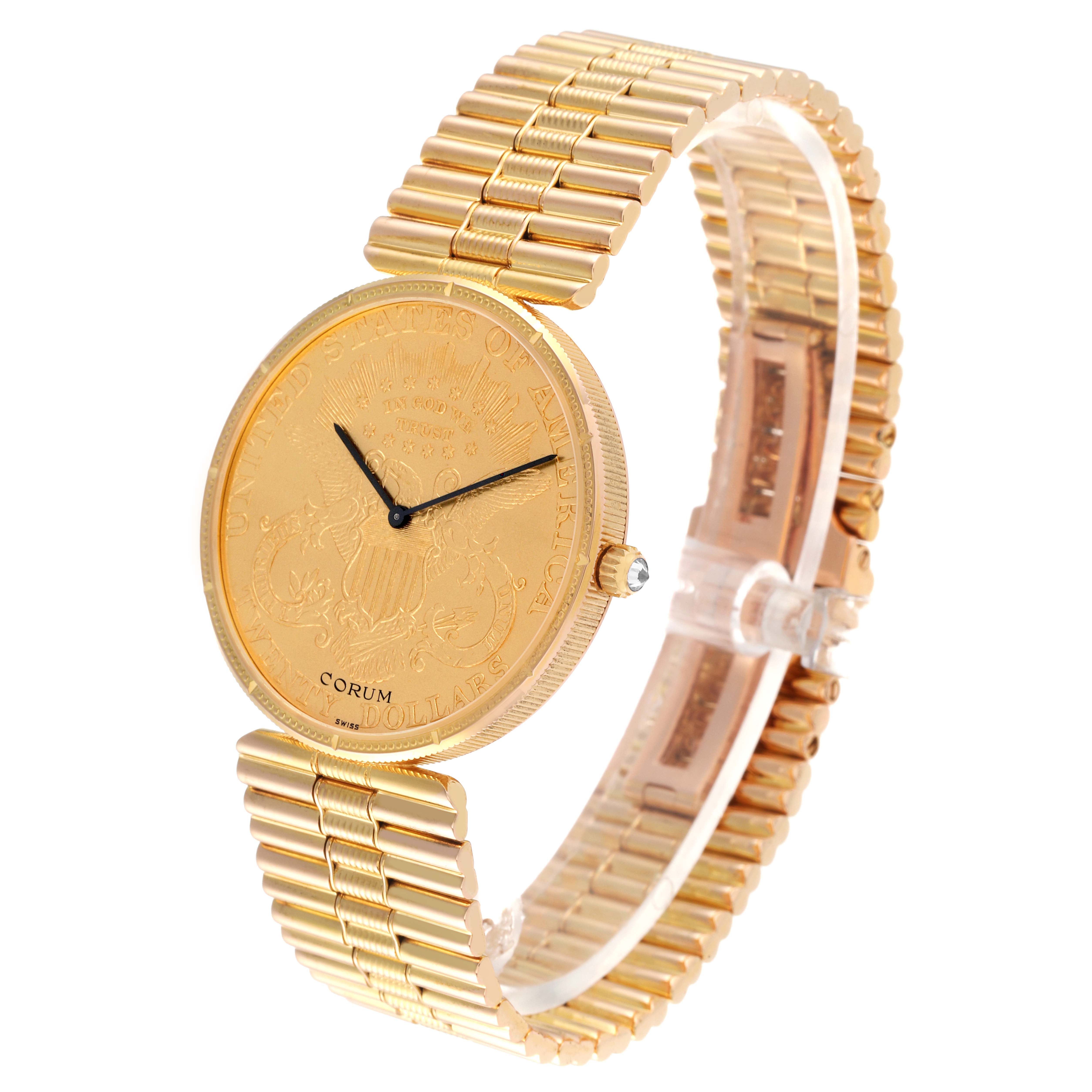 This image shows the Corum Coin Watch 1898 Men's Yellow Gold Champagne Dial 1898 Men's Yellow Gold Champagne Dial model from an angled view, highlighting its face, bezel, crown, and bracelet.