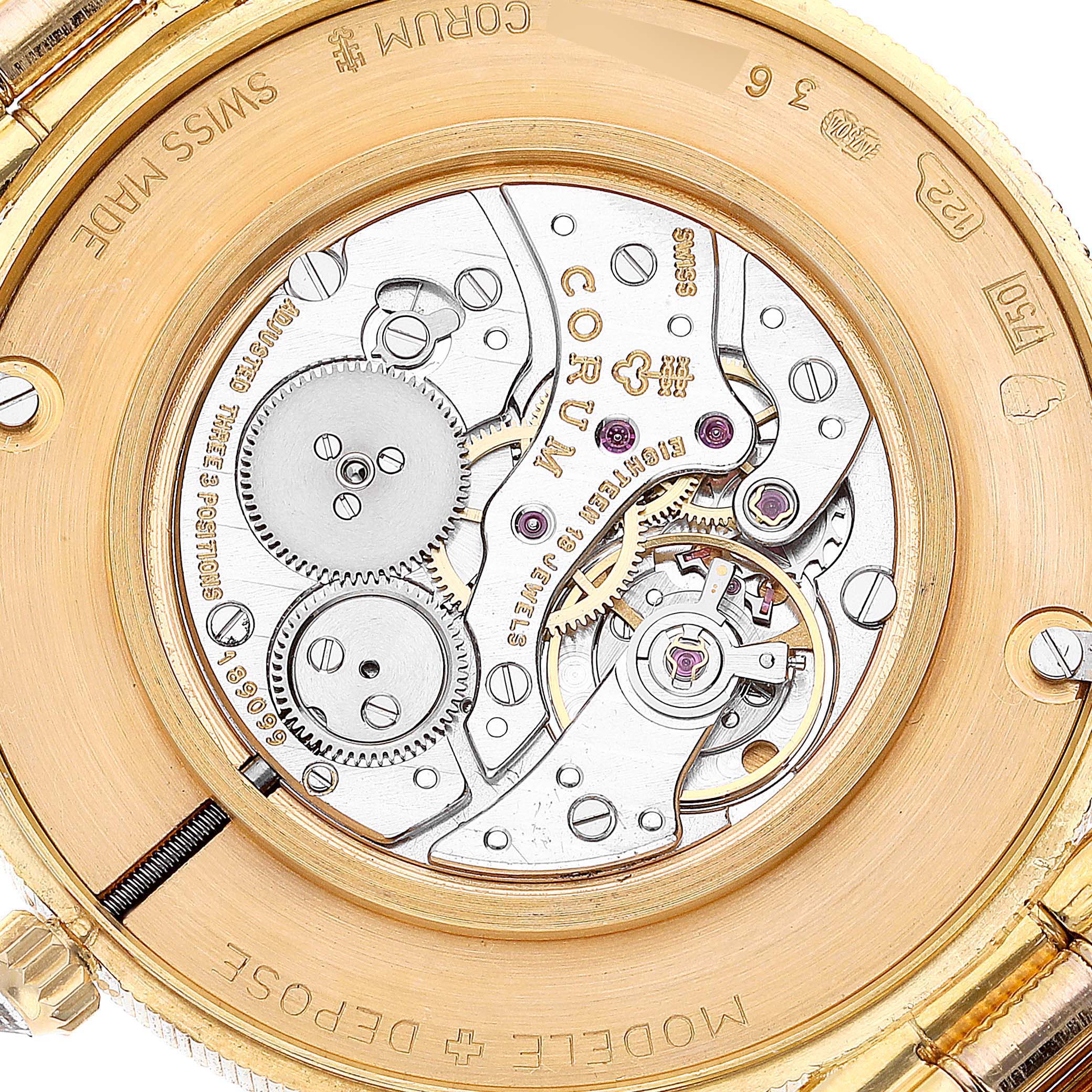 The image shows the detailed internal mechanism of a Corum Coin Watch 1898 Men's Yellow Gold Champagne Dial 1898 Men's Yellow Gold Champagne Dial model from its back view, highlighting the gears and movement parts.