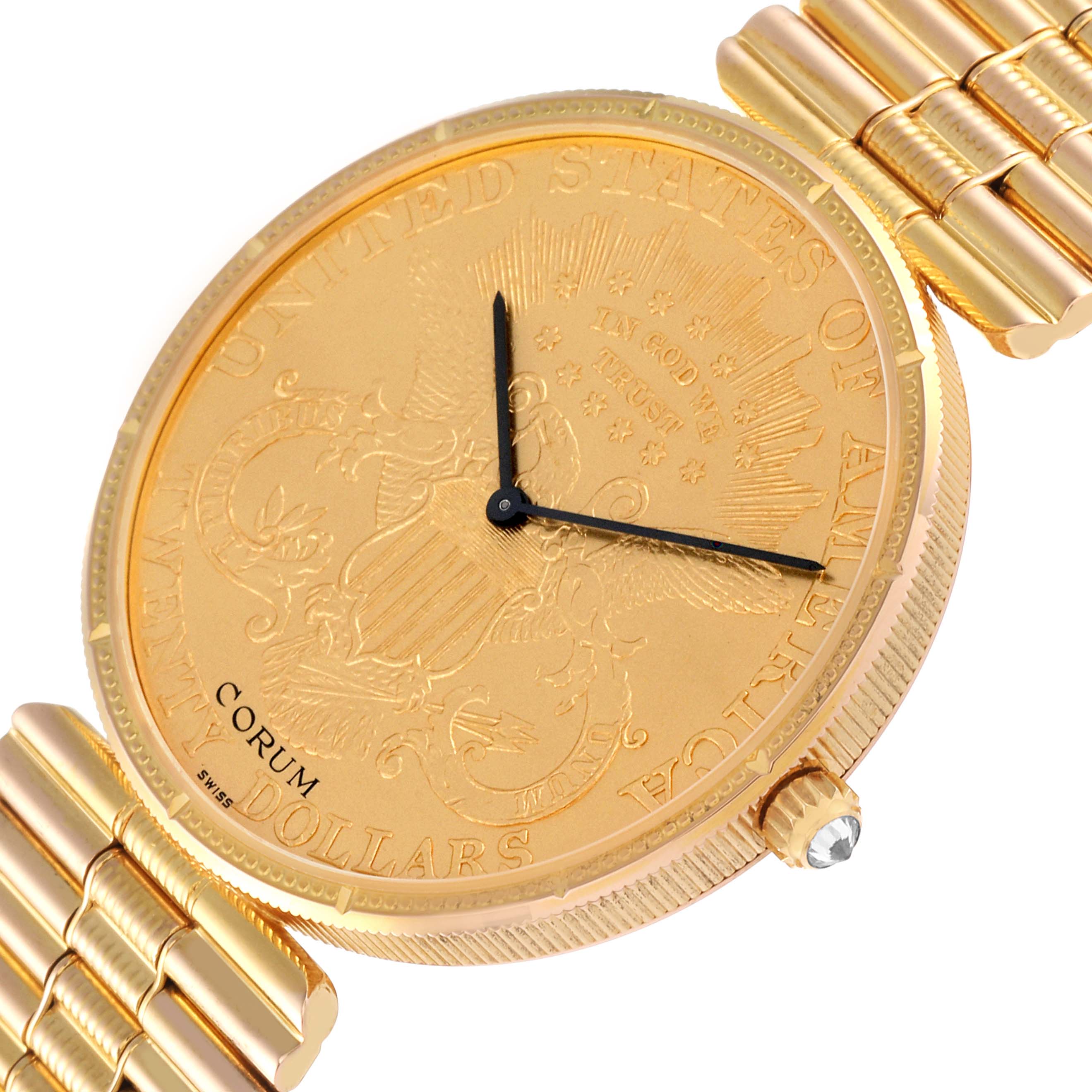 The image shows a close-up angle of the Corum Coin Watch 1898 Men's Yellow Gold Champagne Dial 1898 Men's Yellow Gold Champagne Dial's face and part of its gold bracelet.