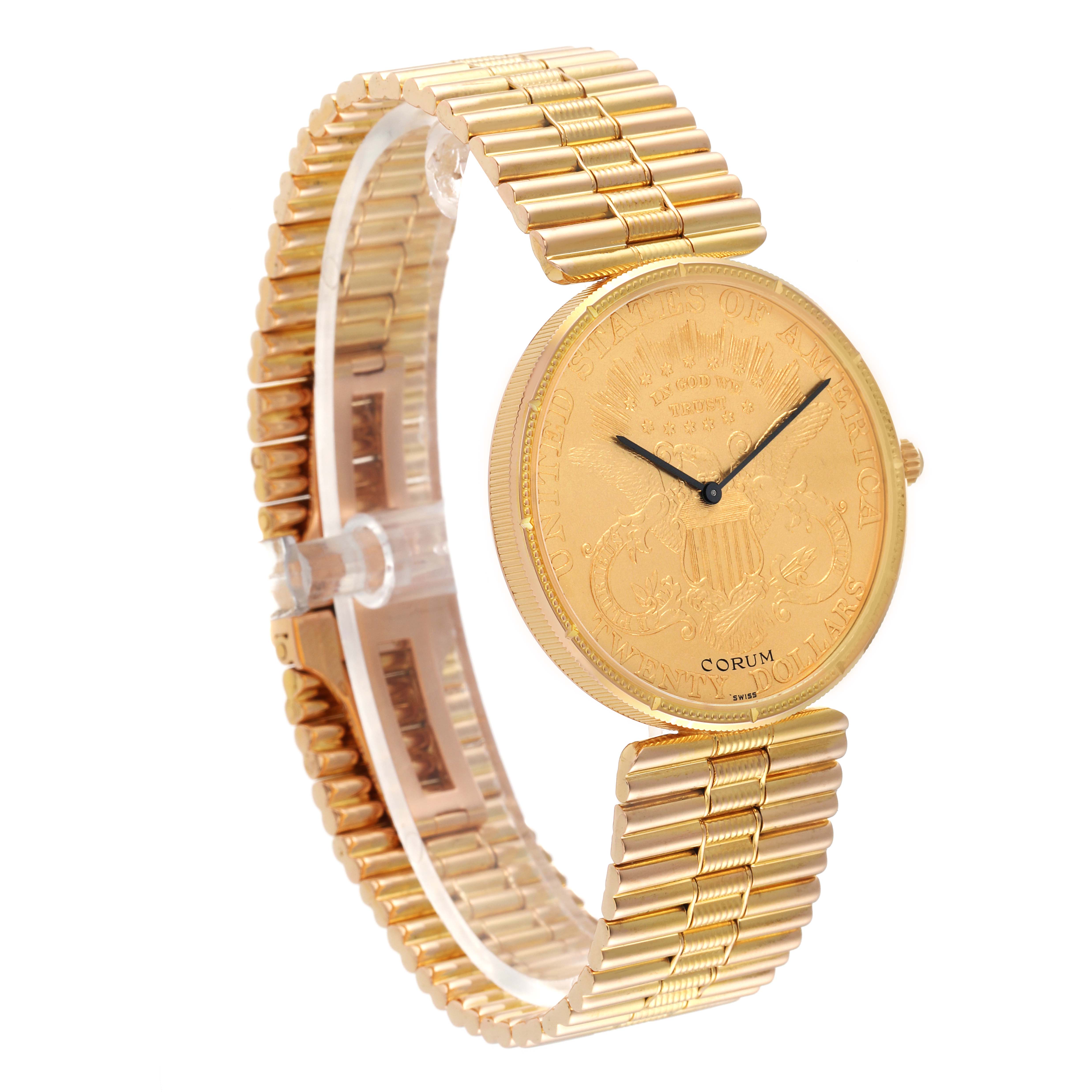 The image shows the Corum Coin Watch 1898 Men's Yellow Gold Champagne Dial 1898 Men's Yellow Gold Champagne Dial model at a slight angle, highlighting its golden coin dial and linked bracelet.