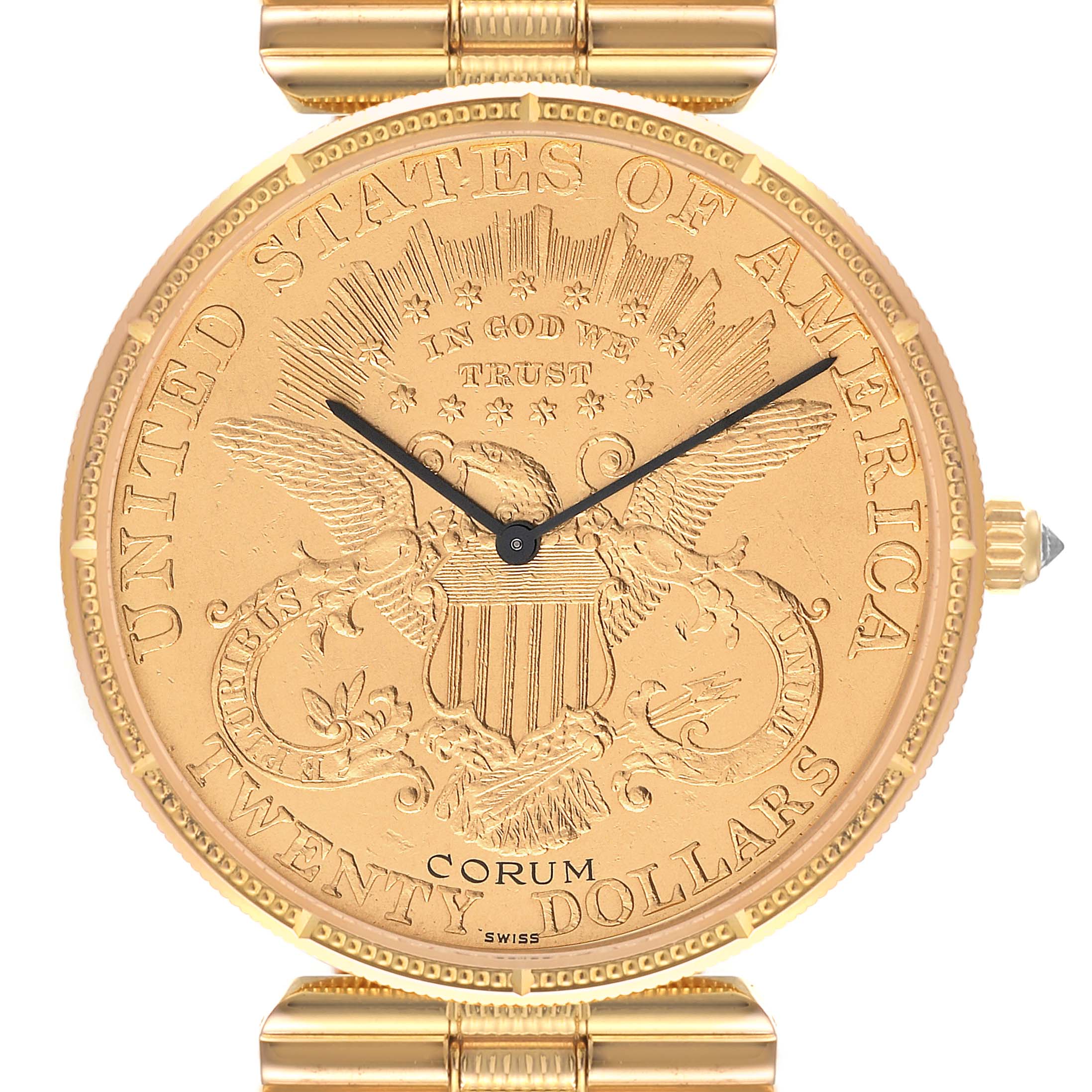 The Corum Coin Watch 1898 Men's Yellow Gold Champagne Dial 1898 Men's Yellow Gold Champagne Dial model is shown from a front angle, displaying its intricately detailed face and round case.