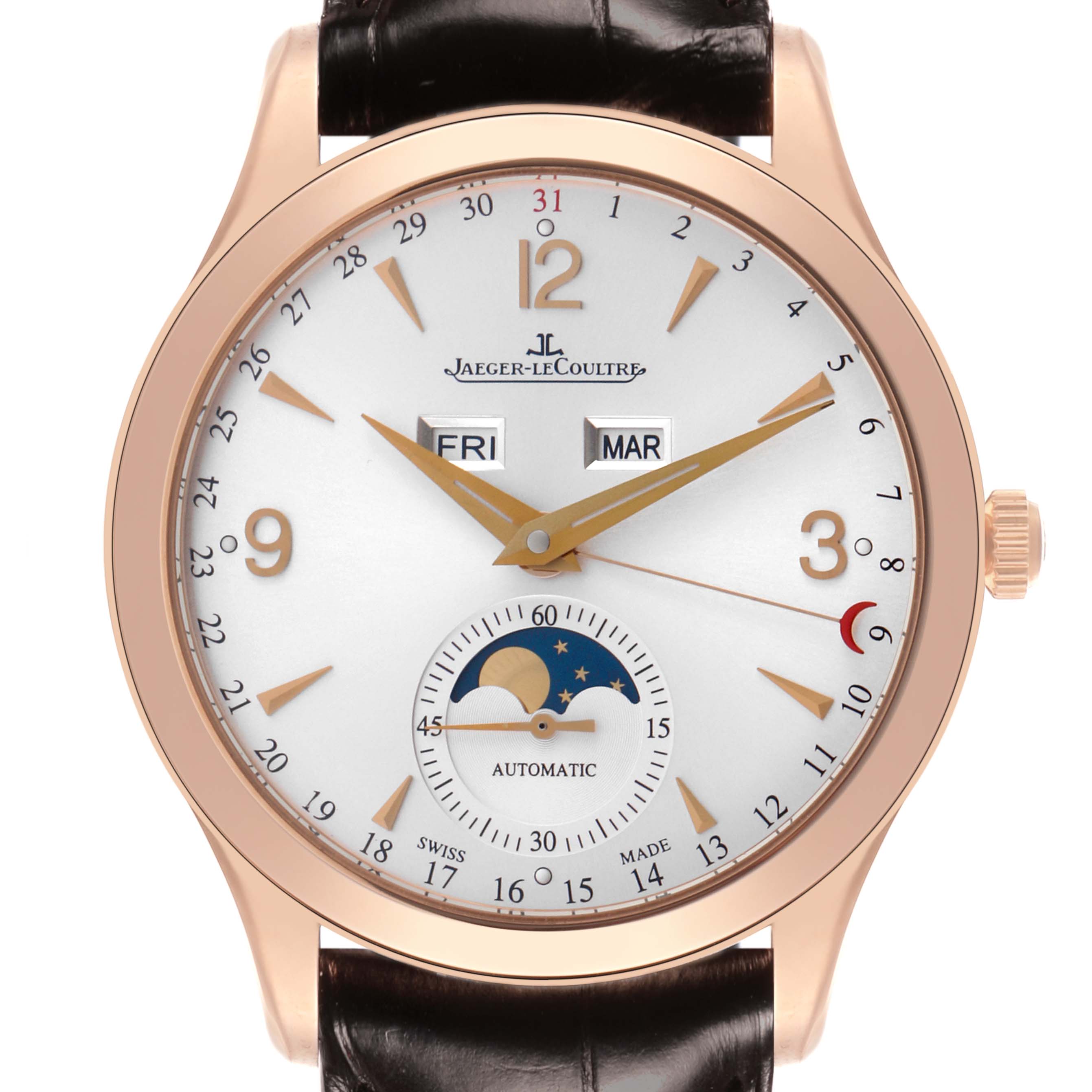 The Jaeger LeCoultre Master Q1552520 Men's Rose Gold Silver Dial Q1552520 Men's Rose Gold Silver Dial model watch is shown from a front angle, highlighting its dial, hands, and complications.