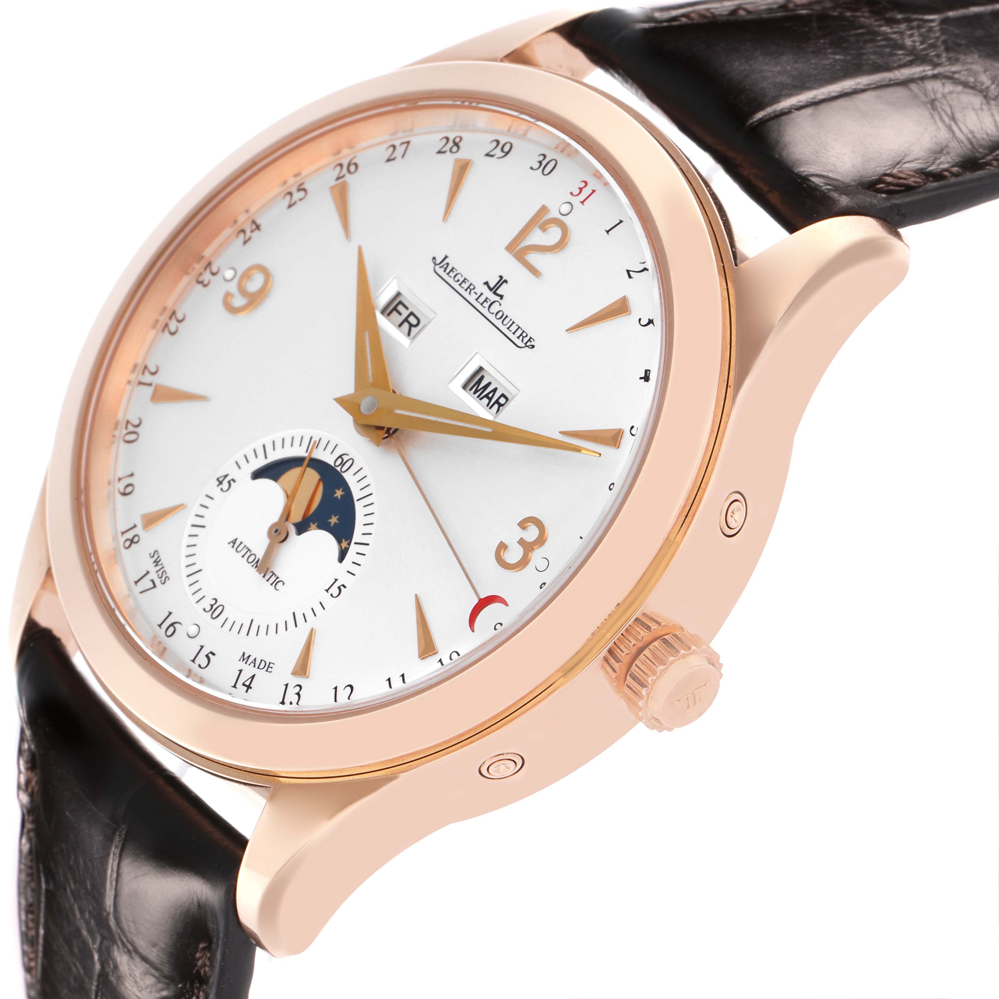 The watch is shown at a three-quarter angle, displaying the Jaeger LeCoultre Master Q1552520 Men's Rose Gold Silver Dial Q1552520 Men's Rose Gold Silver Dial model's face, case, crown, and part of the leather strap.