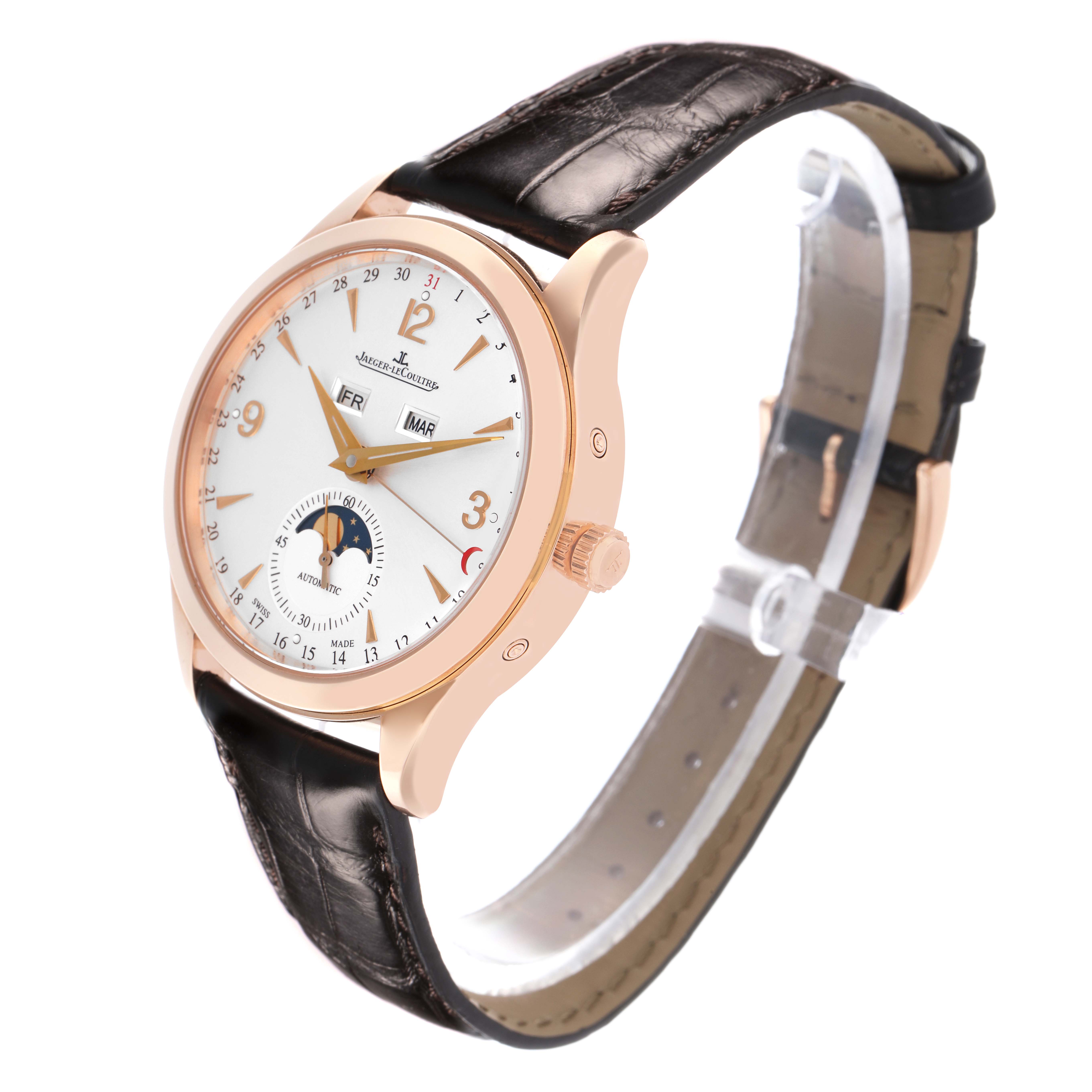 The Jaeger LeCoultre Master Q1552520 Men's Rose Gold Silver Dial Q1552520 Men's Rose Gold Silver Dial watch is shown at a three-quarter angle, highlighting the dial, case, and leather strap.