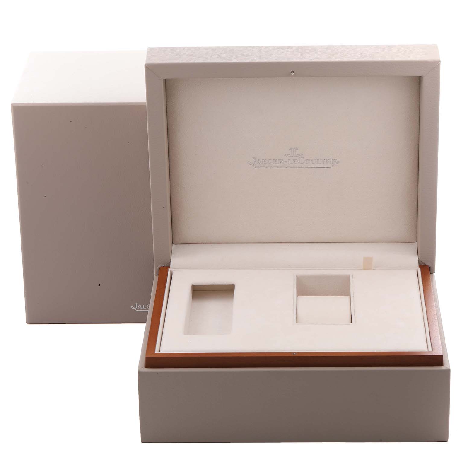The image shows the open box for a Jaeger LeCoultre Master Q1552520 Men's Rose Gold Silver Dial Q1552520 Men's Rose Gold Silver Dial model watch, featuring compartments for the watch and accessories.