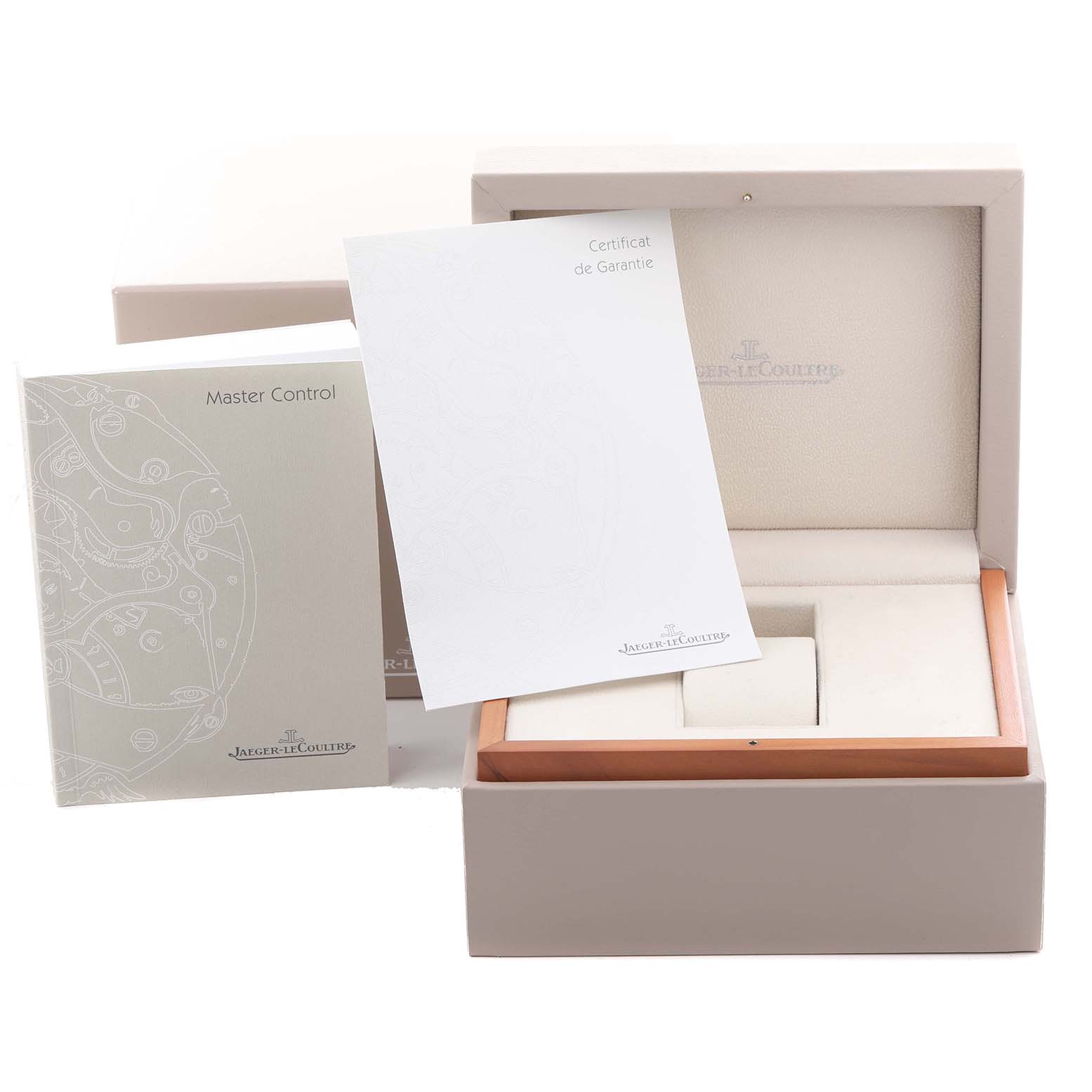 The image shows the packaging and documentation for a Jaeger-LeCoultre Master model watch, including the box and certificates, viewed from the front.