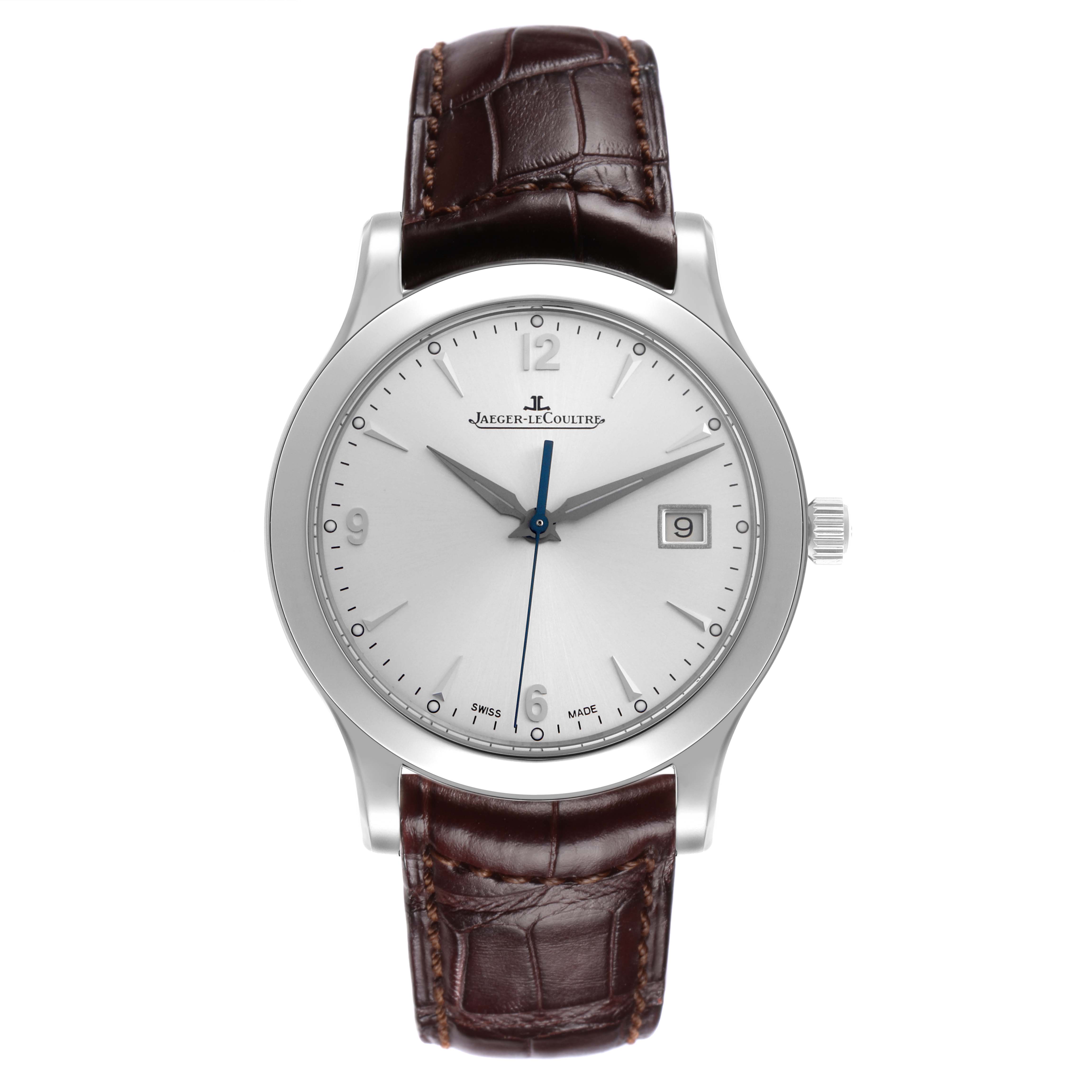 The Jaeger LeCoultre Master Q1398420 Men's Stainless Steel Silver Dial Q1398420 Men's Stainless Steel Silver Dial watch is shown from the front, displaying the dial, hands, date, and brown leather strap.