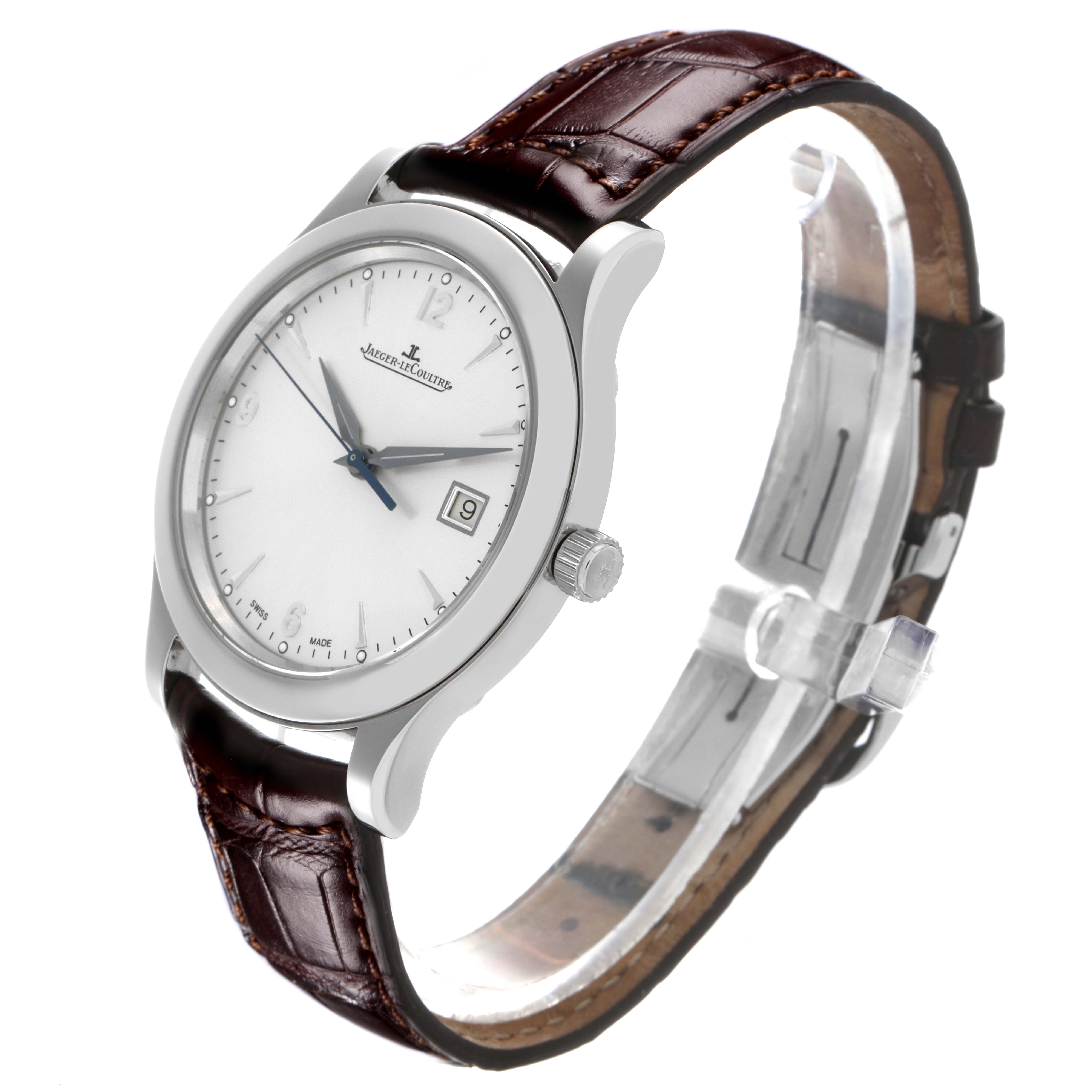 The Jaeger LeCoultre Master Q1398420 Men's Stainless Steel Silver Dial Q1398420 Men's Stainless Steel Silver Dial watch is shown at a slight angle, highlighting the dial, date display, crown, and brown leather strap.