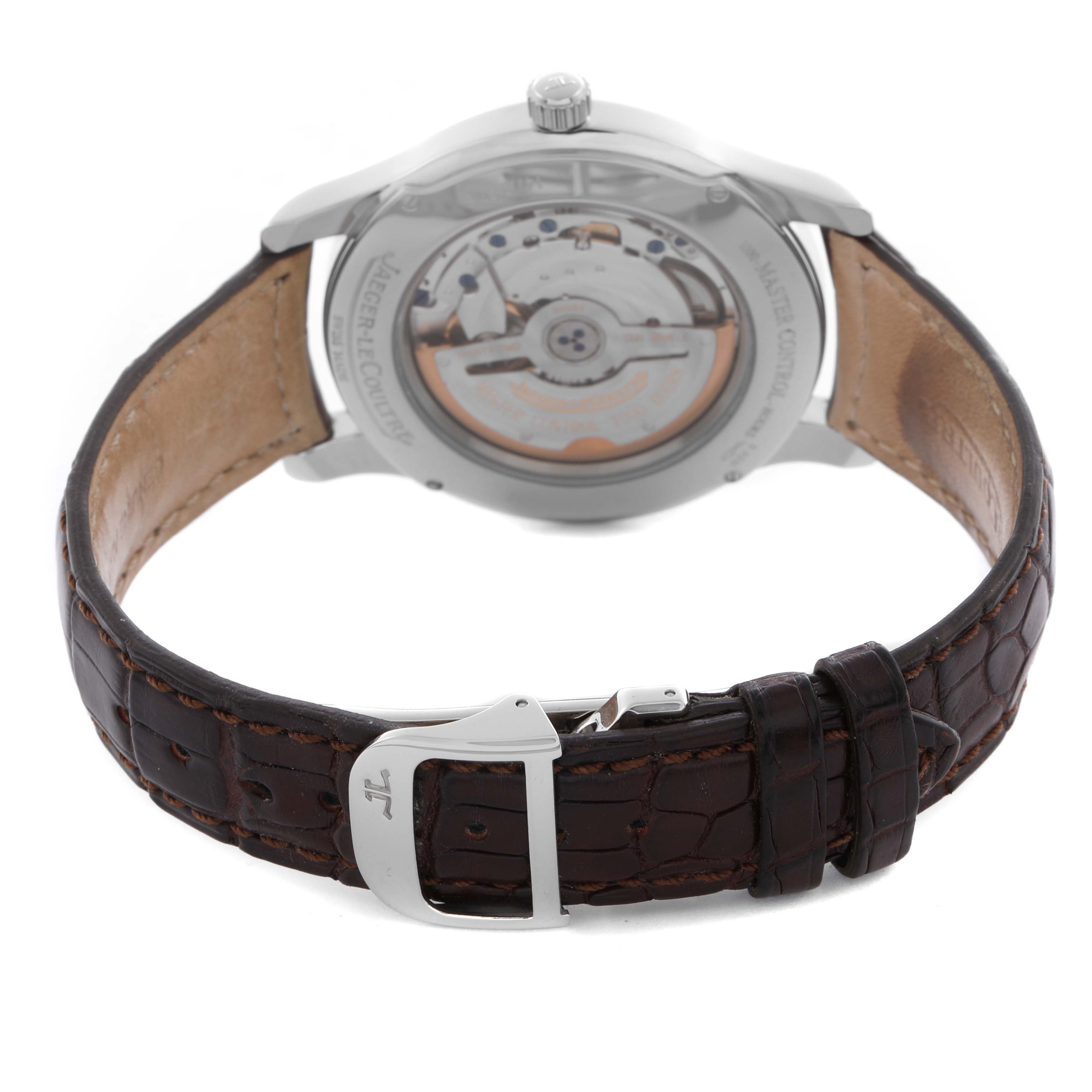 The image shows the back view of the Jaeger LeCoultre Master Q1398420 Men's Stainless Steel Silver Dial Q1398420 Men's Stainless Steel Silver Dial watch, highlighting the movement and strap.