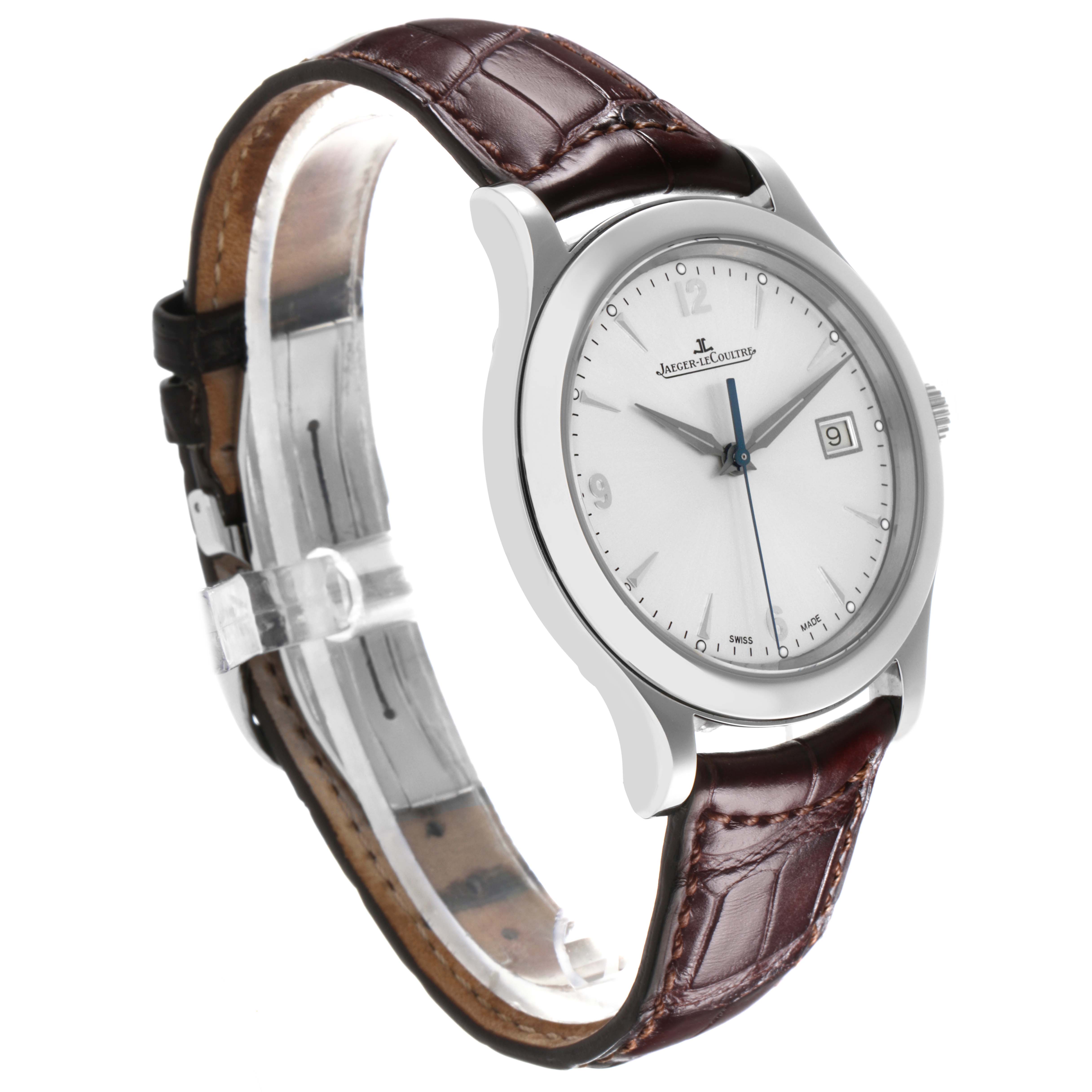 The Jaeger LeCoultre Master Q1398420 Men's Stainless Steel Silver Dial Q1398420 Men's Stainless Steel Silver Dial watch is shown at a slight angle, displaying the dial, case, and leather strap.