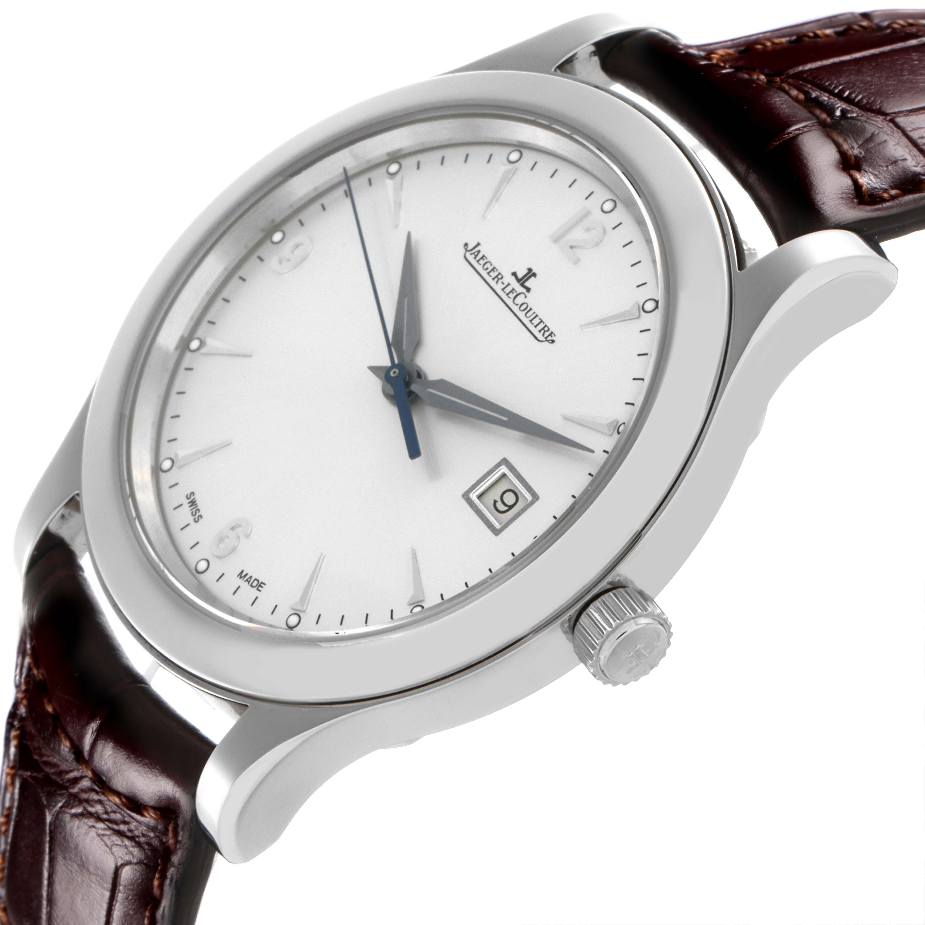 The Jaeger LeCoultre Master Q1398420 Men's Stainless Steel Silver Dial Q1398420 Men's Stainless Steel Silver Dial watch is shown at an angle displaying the dial, crown, and part of the leather strap.
