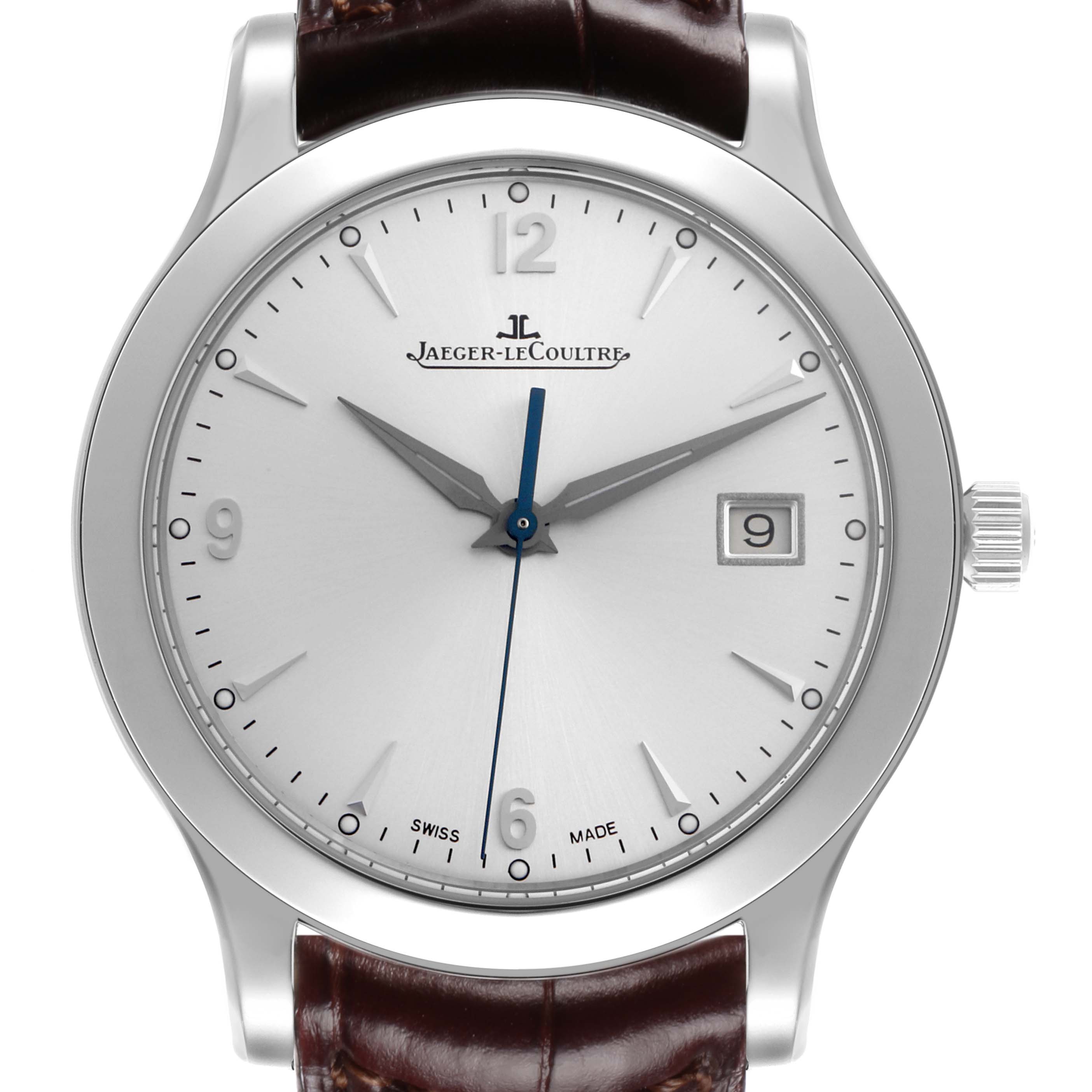 The Jaeger-LeCoultre Master watch is shown from a front angle, displaying the dial, hands, hour markers, leather strap, and crown.