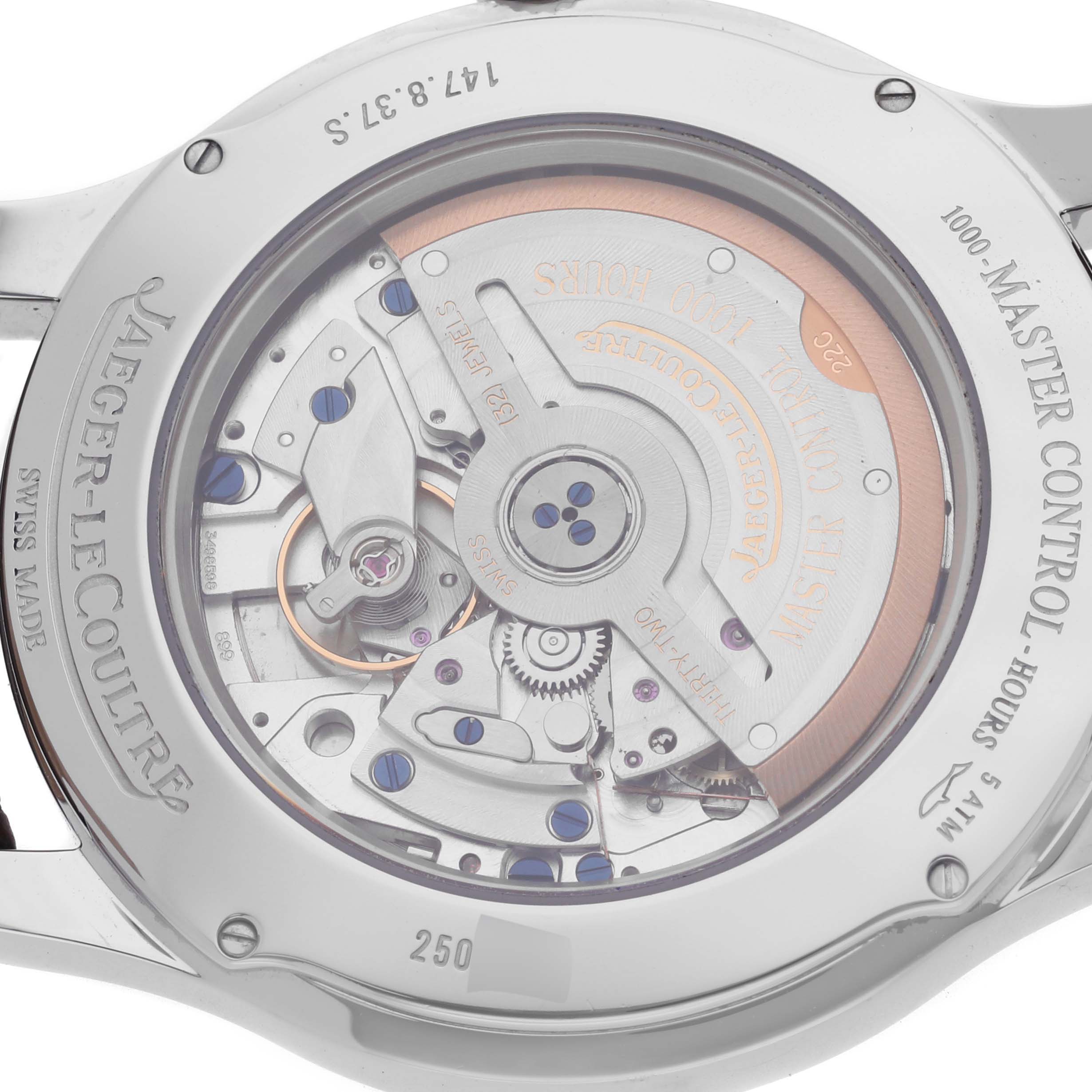 The image shows the back of the Jaeger-LeCoultre Master model watch, highlighting its intricate movement components.
