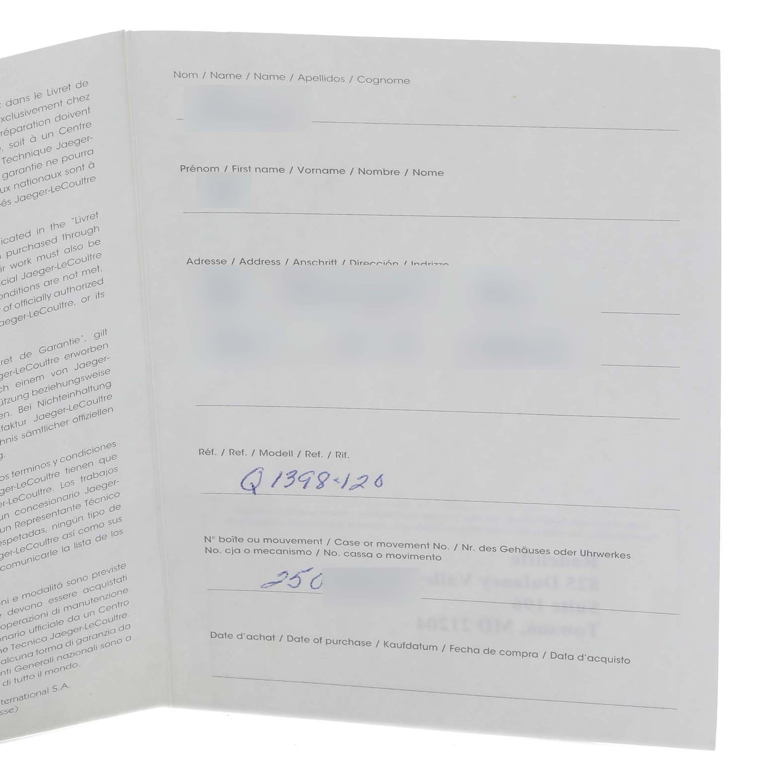 This image shows the warranty and instruction booklet for a Jaeger-LeCoultre Master model, displayed open with handwritten details.