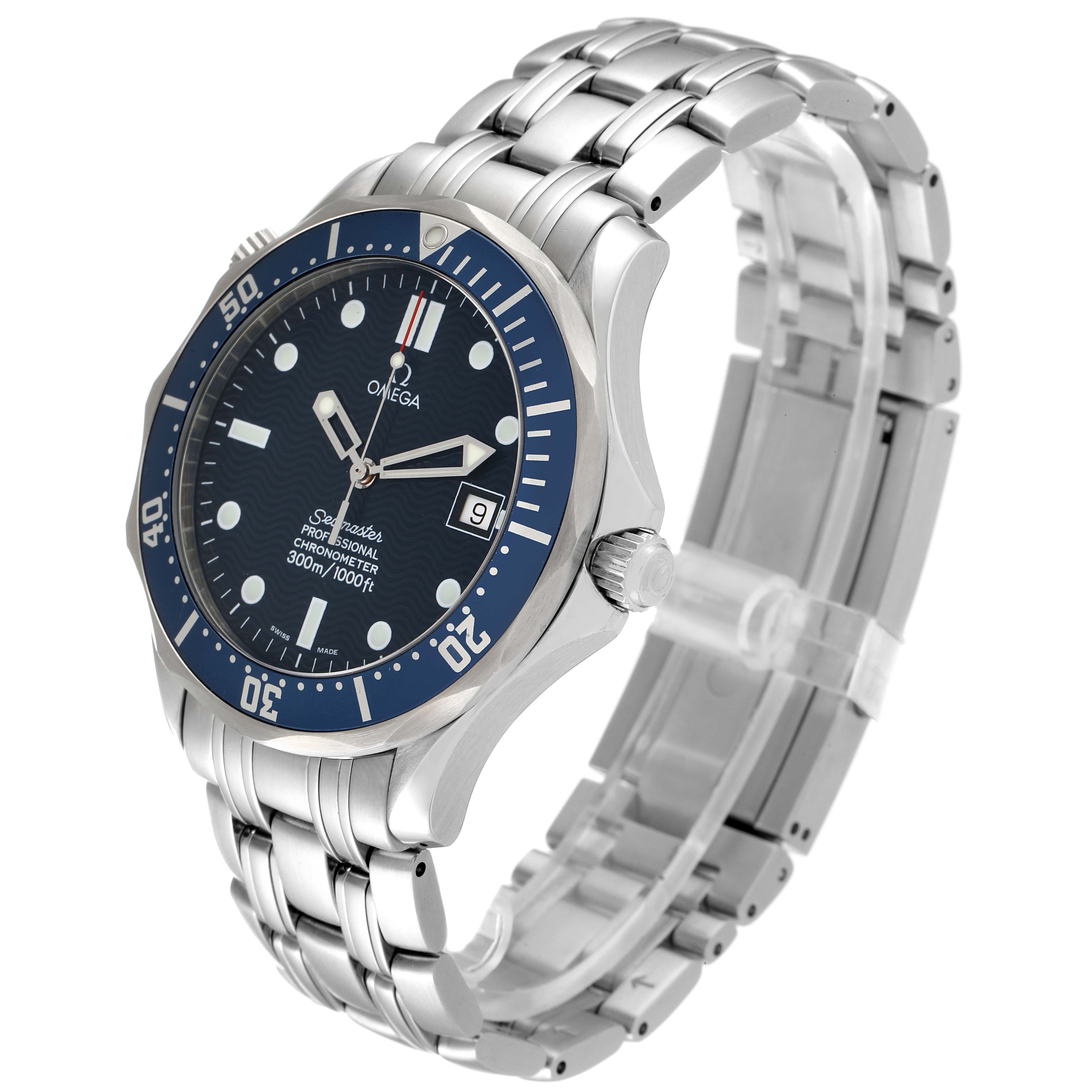 The Omega Seamaster 2531.80.00 Men's Stainless Steel Blue Dial 2531.80.00 Men's Stainless Steel Blue Dial watch is shown at an angled side view, highlighting its dial, bezel, crown, and metal bracelet.