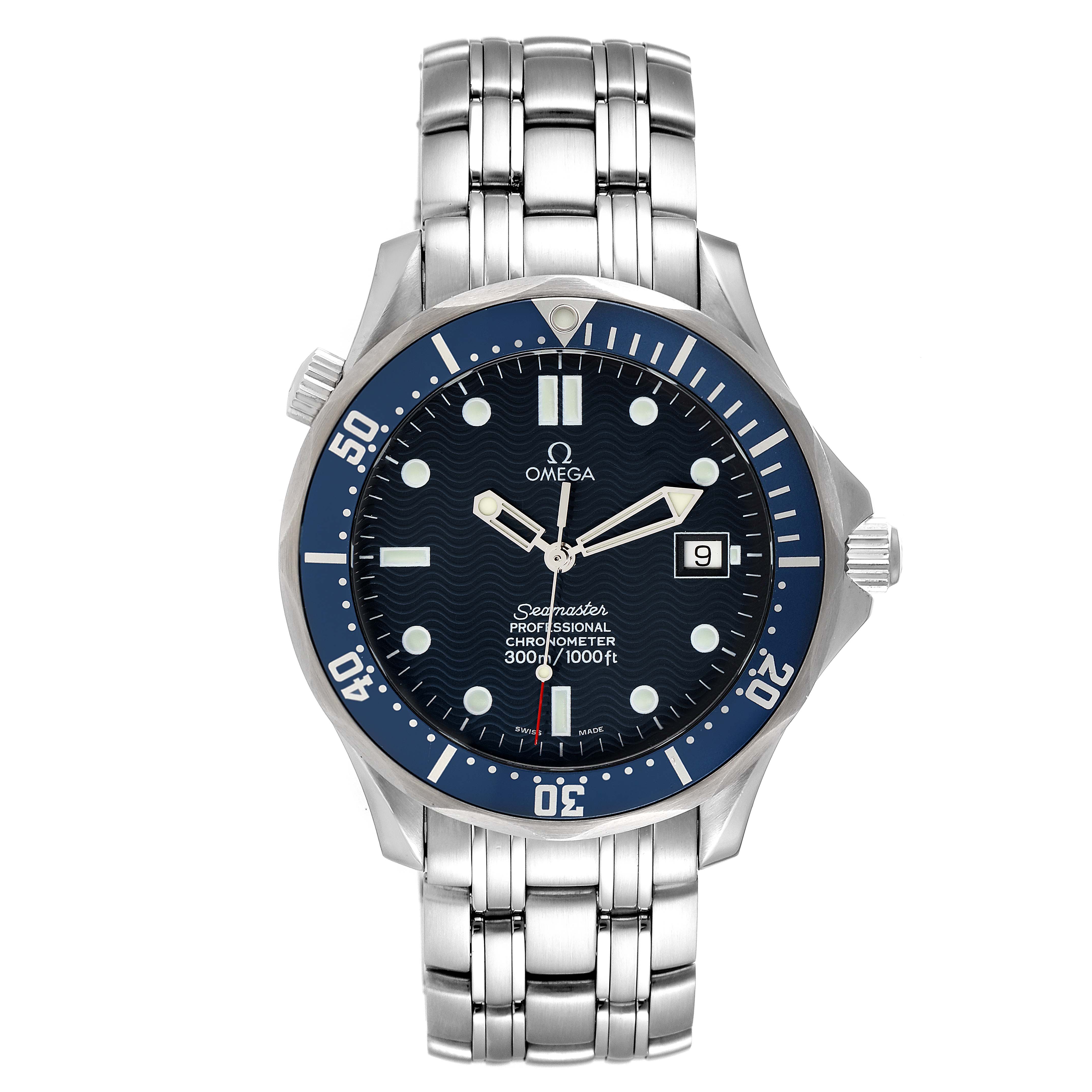 The image shows a front view of an Omega Seamaster 2531.80.00 Men's Stainless Steel Blue Dial 2531.80.00 Men's Stainless Steel Blue Dial watch, highlighting the face, bezel, crown, and bracelet.