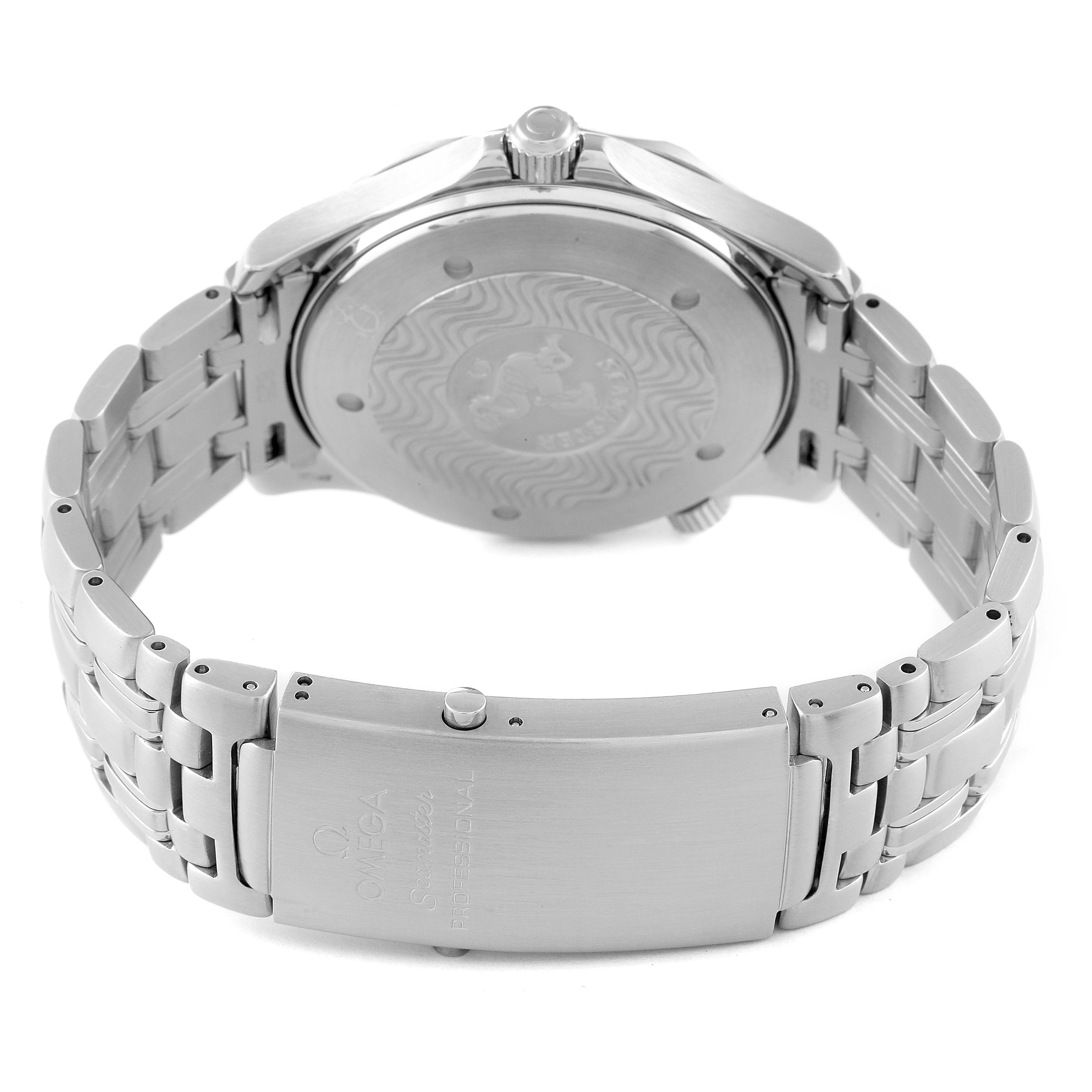 This image shows the back case and clasp of an Omega Seamaster 2531.80.00 Men's Stainless Steel Blue Dial 2531.80.00 Men's Stainless Steel Blue Dial watch, focusing on its stainless steel bracelet and locking mechanism.