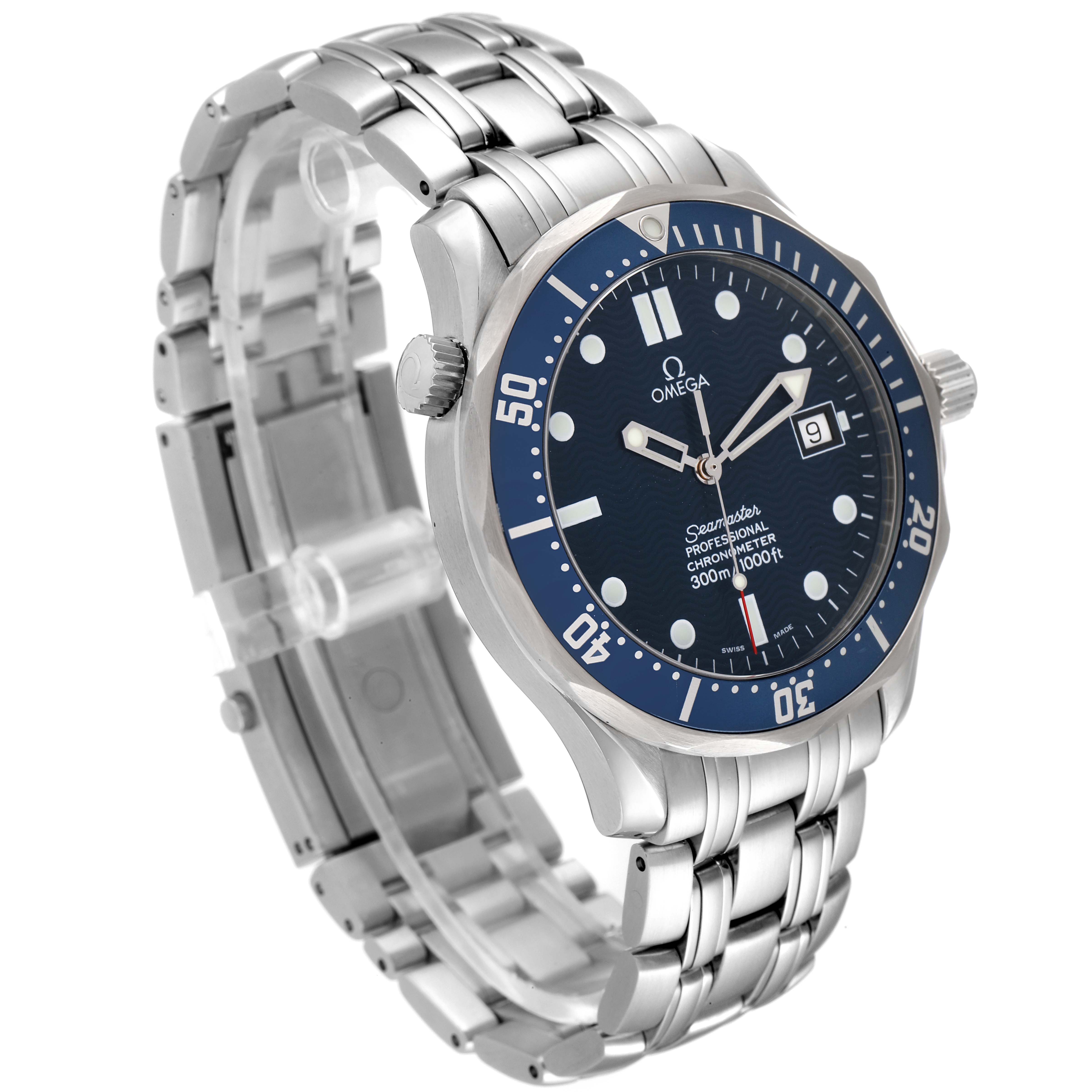 The image shows an Omega Seamaster 2531.80.00 Men's Stainless Steel Blue Dial 2531.80.00 Men's Stainless Steel Blue Dial watch angled to display the face, bezel, crown, and part of the stainless steel bracelet.