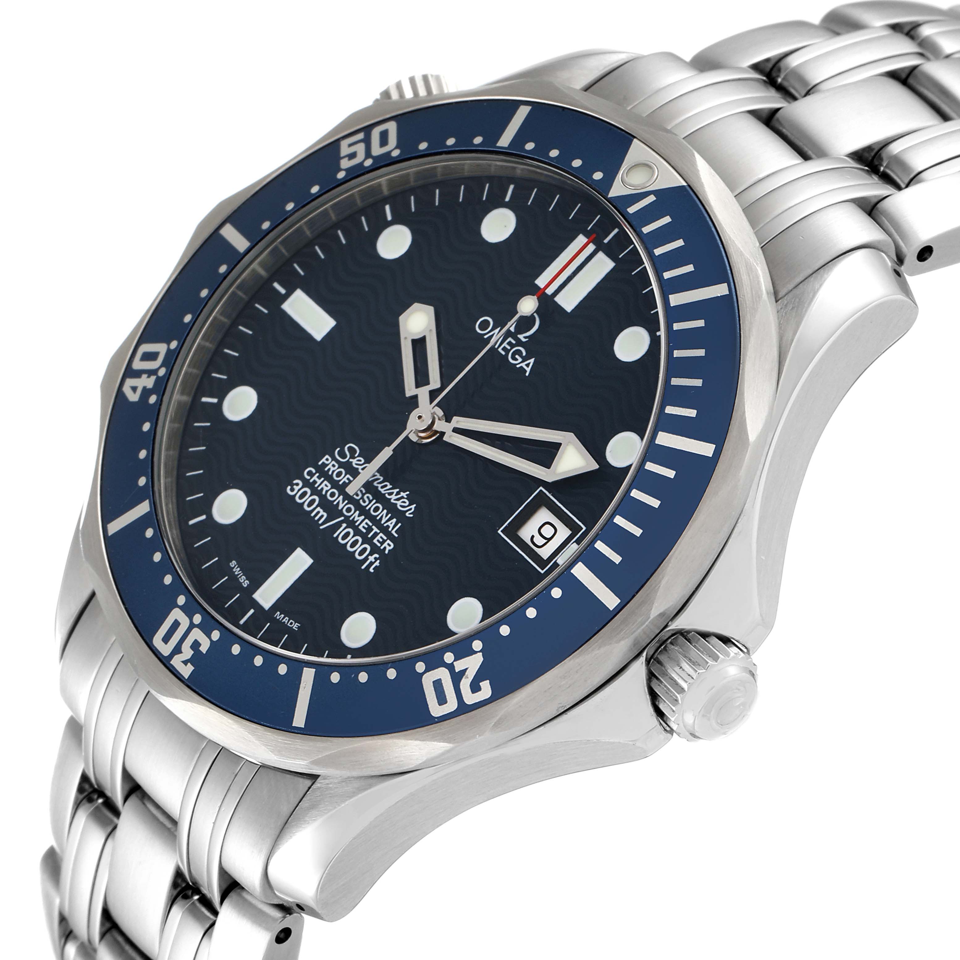 This image shows an angled view of an Omega Seamaster 2531.80.00 Men's Stainless Steel Blue Dial 2531.80.00 Men's Stainless Steel Blue Dial watch, highlighting the dial, bezel, crown, and metal bracelet.