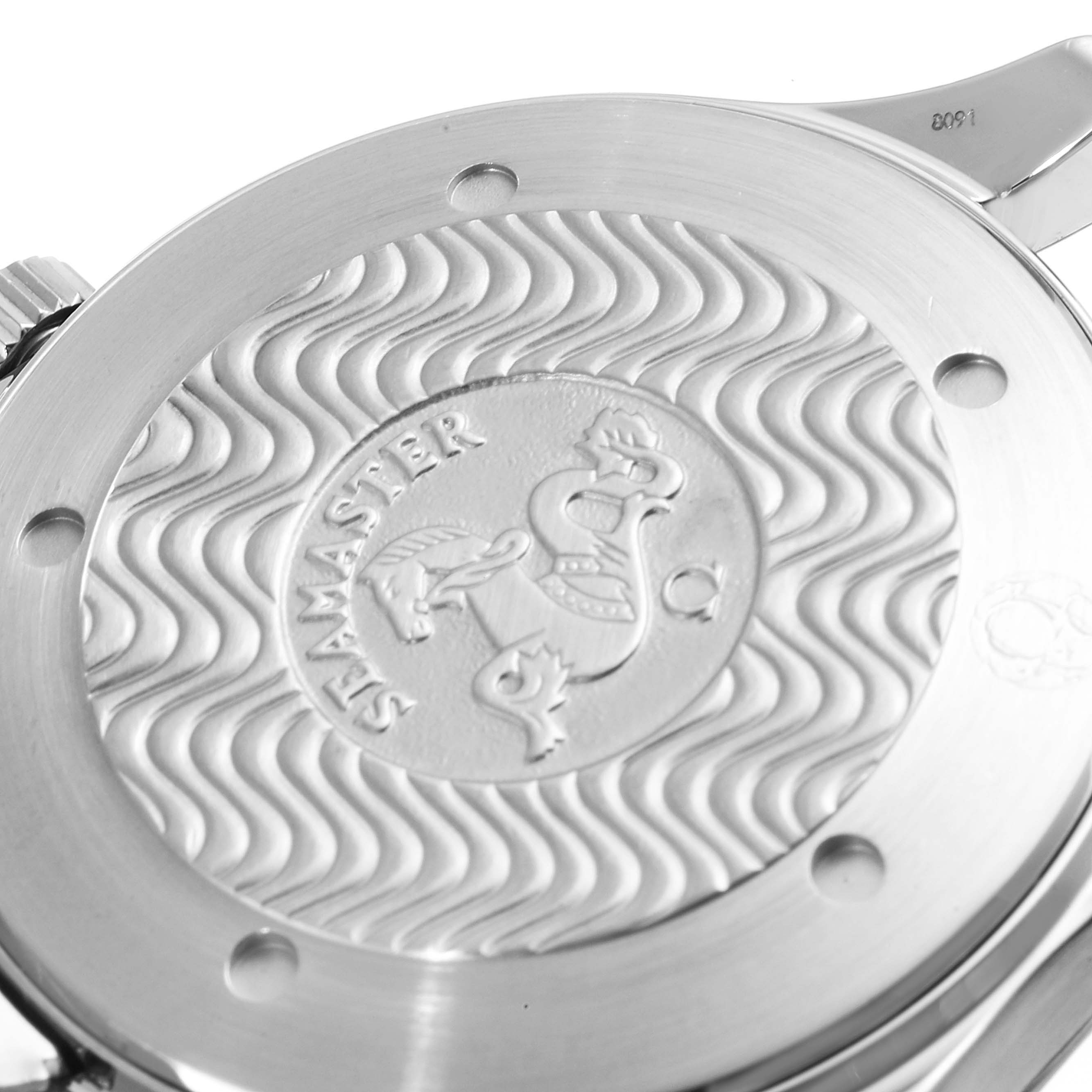 This image shows the case back of an Omega Seamaster 2531.80.00 Men's Stainless Steel Blue Dial 2531.80.00 Men's Stainless Steel Blue Dial watch with a close-up of its engravings and wavy pattern.