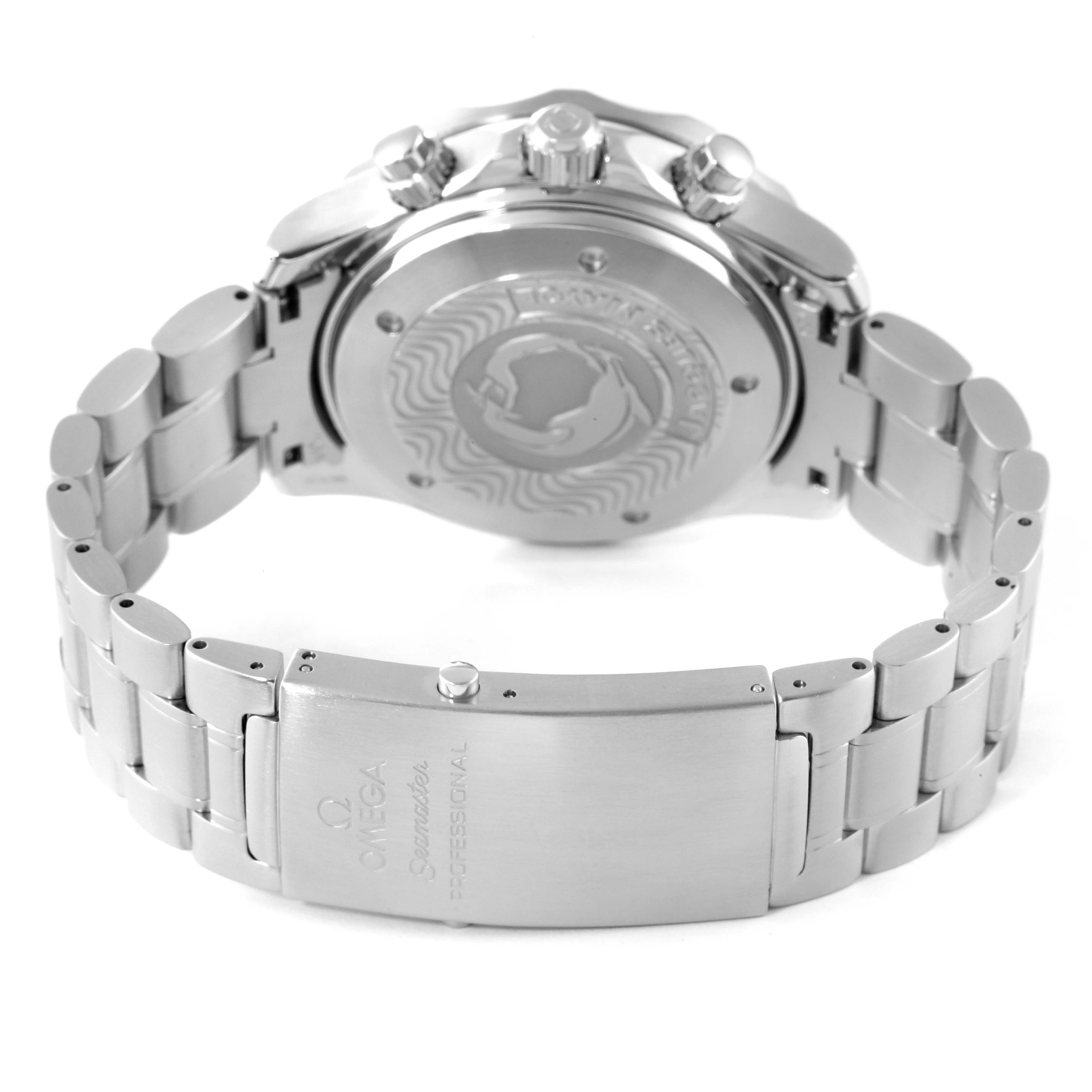 The image shows the back case and bracelet of an Omega Seamaster 2595.30.00 Men's Stainless Steel Silver Dial 2595.30.00 Men's Stainless Steel Silver Dial watch from a rear angle.