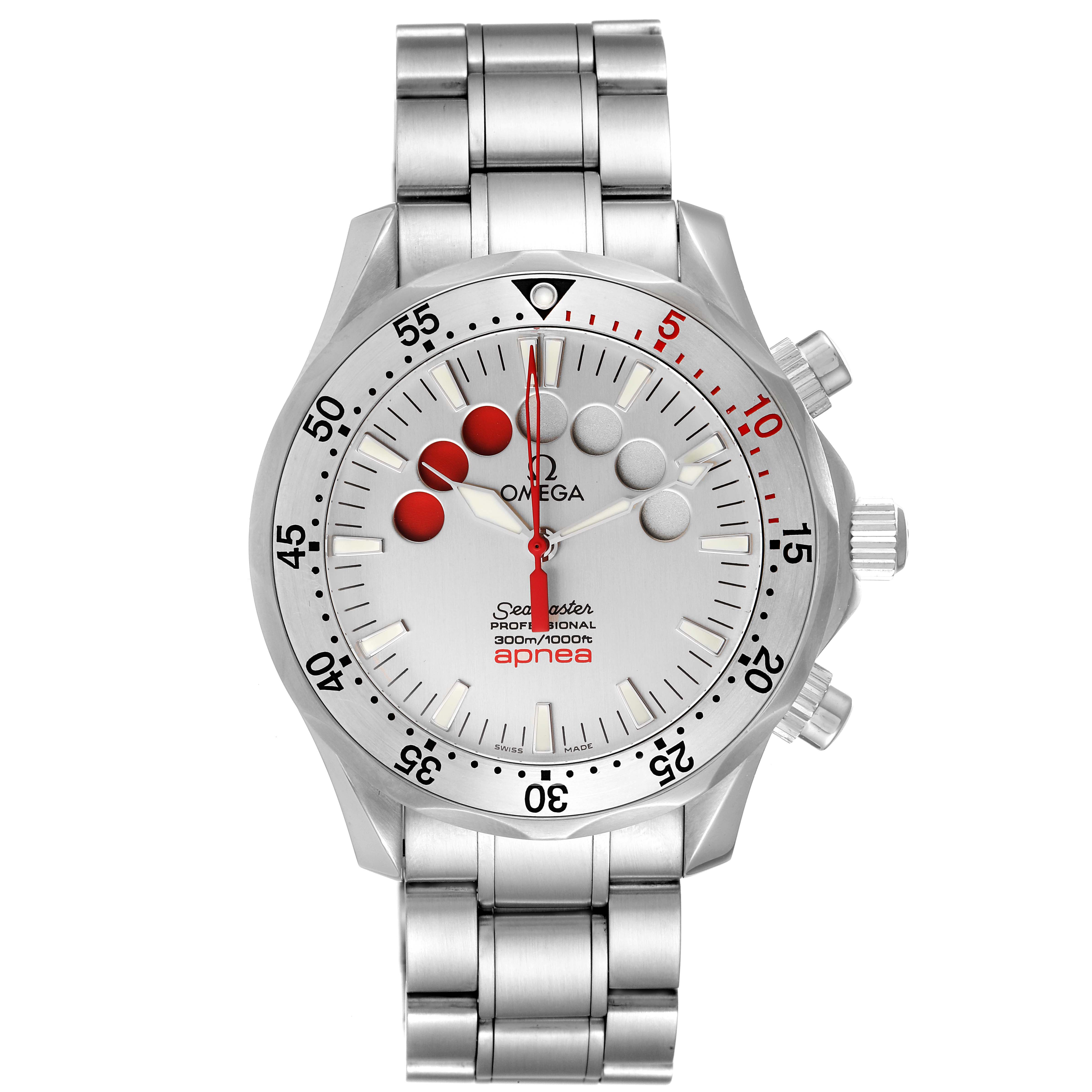 The image shows a front view of an Omega Seamaster 2595.30.00 Men's Stainless Steel Silver Dial 2595.30.00 Men's Stainless Steel Silver Dial watch, highlighting its silver bezel, dial, and metallic bracelet.