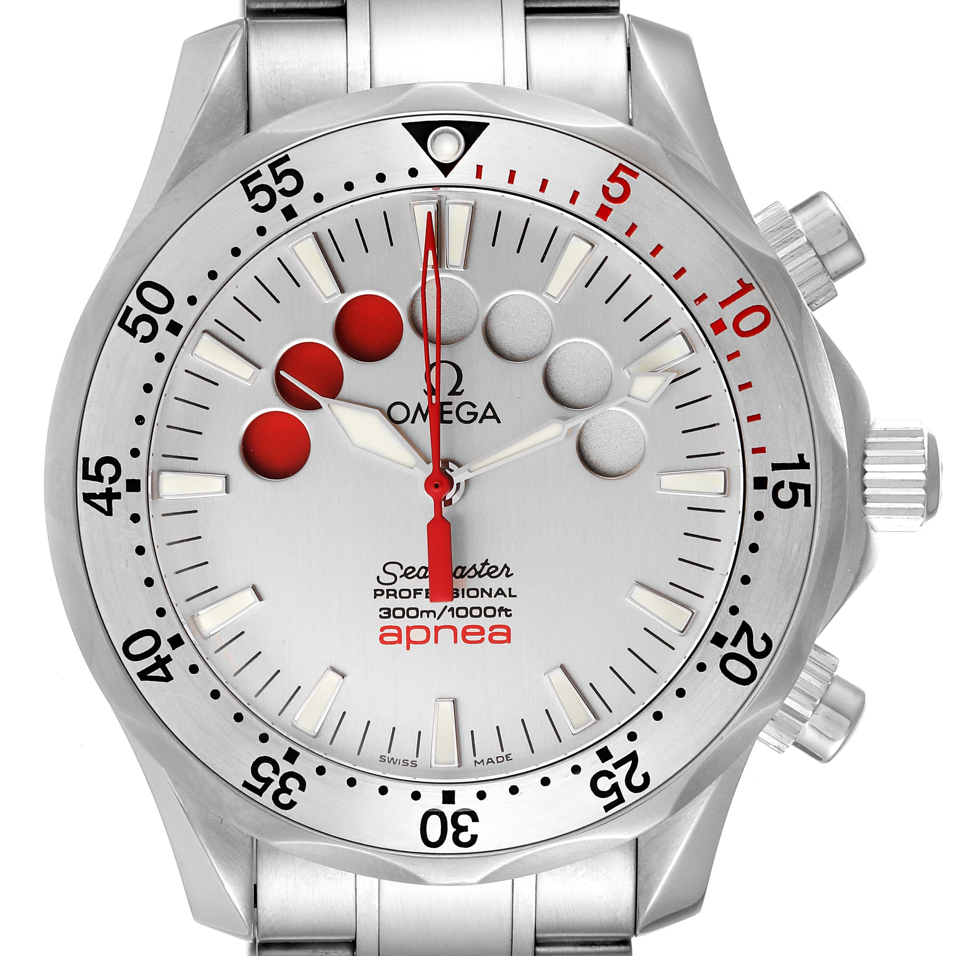 The image shows a front view of an Omega Seamaster 2595.30.00 Men's Stainless Steel Silver Dial 2595.30.00 Men's Stainless Steel Silver Dial Apnea watch, highlighting its dial, bezel, and pushers.
