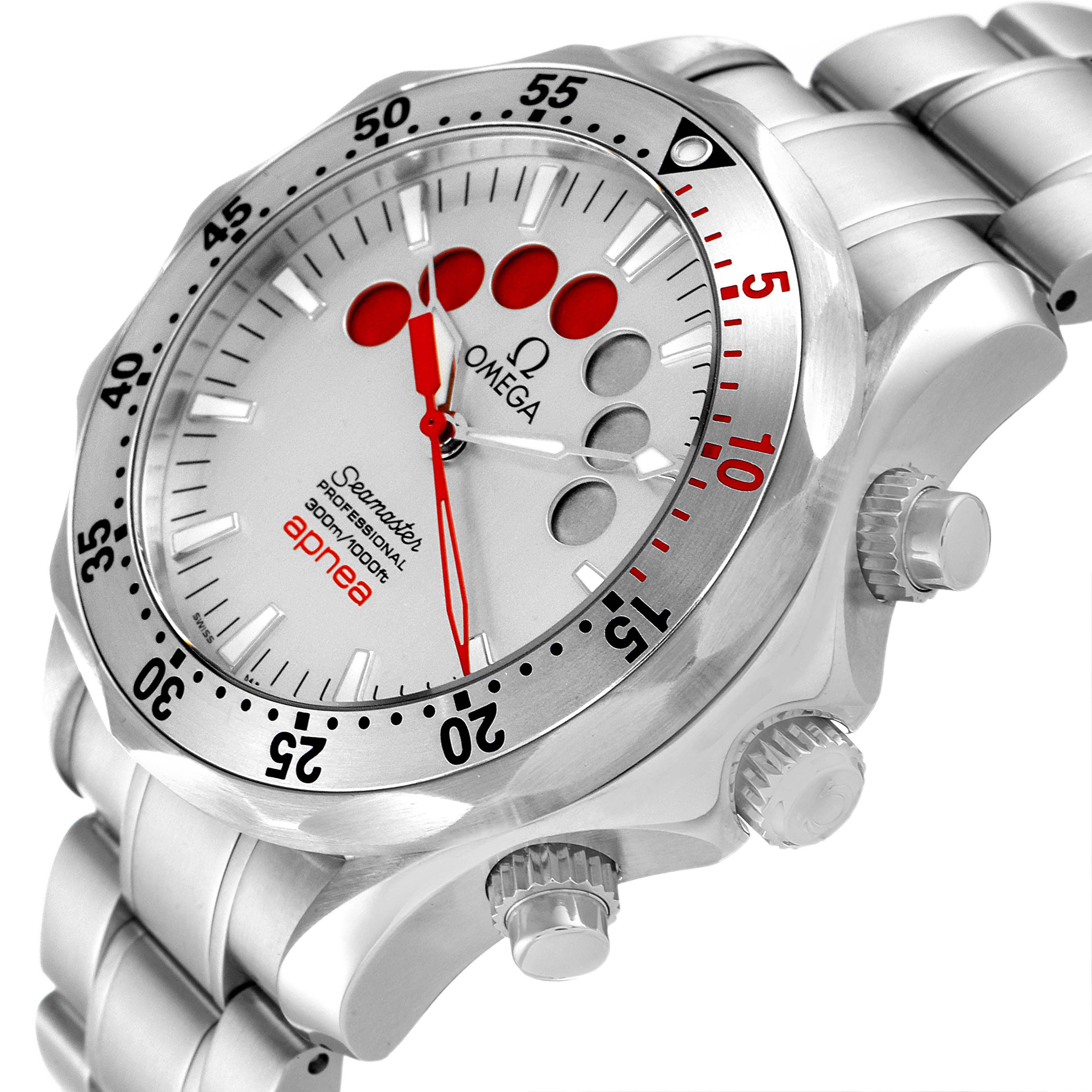 The image shows a side view of the Omega Seamaster 2595.30.00 Men's Stainless Steel Silver Dial 2595.30.00 Men's Stainless Steel Silver Dial watch, highlighting its face, bezel, crown, and stainless steel bracelet.