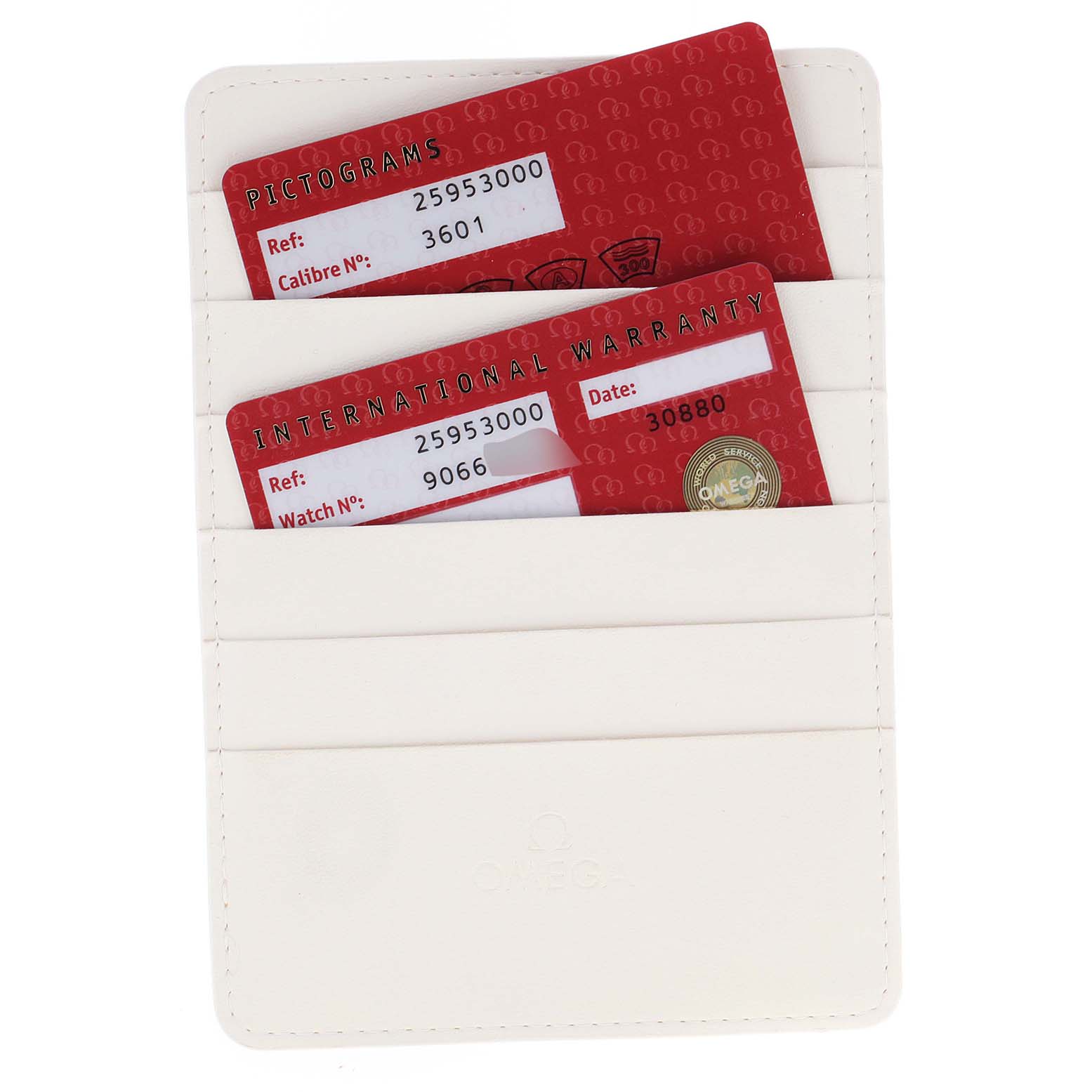The image shows a pouch containing two red cards for the Omega Seamaster 2595.30.00 Men's Stainless Steel Silver Dial 2595.30.00 Men's Stainless Steel Silver Dial watch, labeled "Pictograms" and "International Warranty."