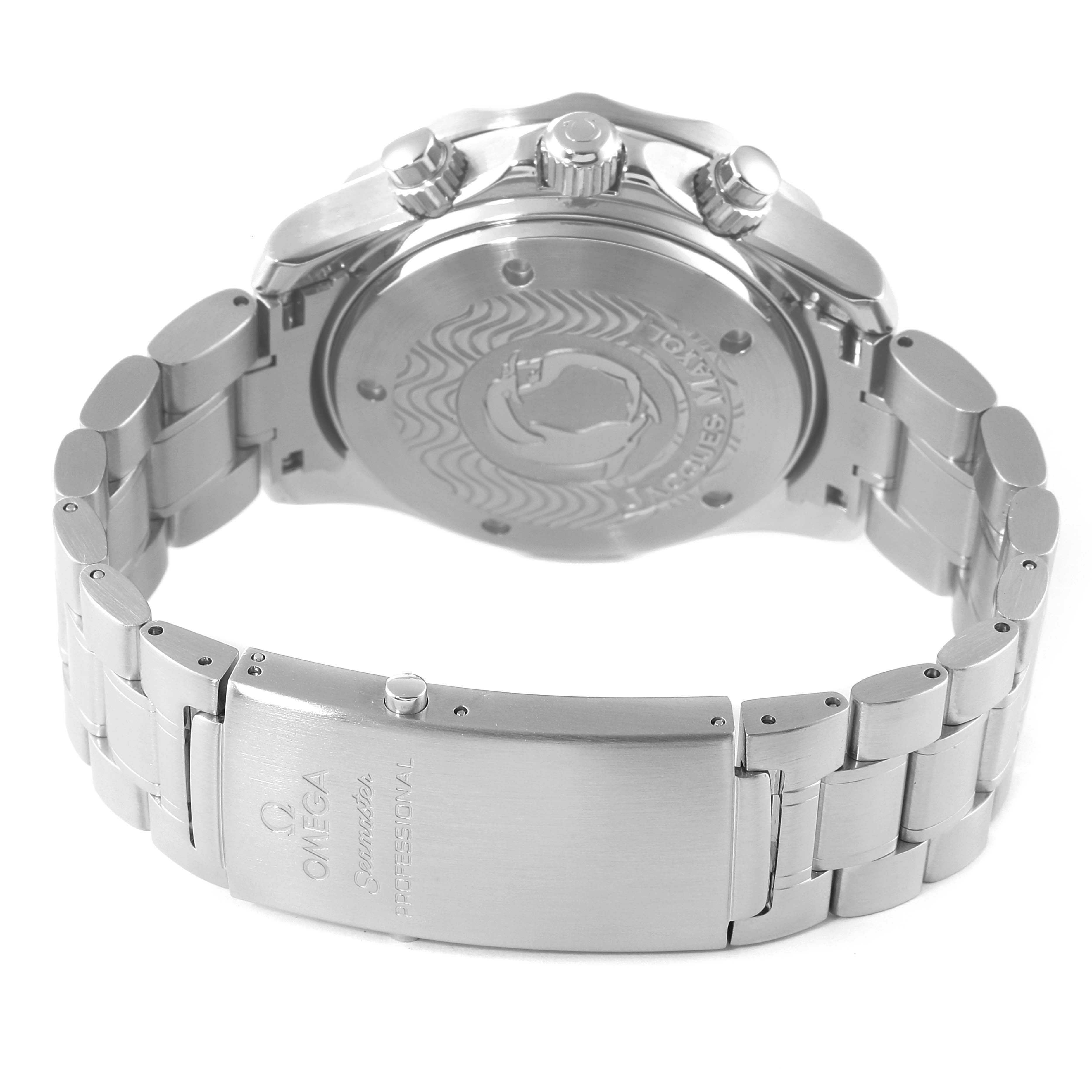 This image shows the back view of an Omega Seamaster 2595.30.00 Men's Stainless Steel Silver Dial 2595.30.00 Men's Stainless Steel Silver Dial watch, focusing on the clasp, bracelet, and case back.